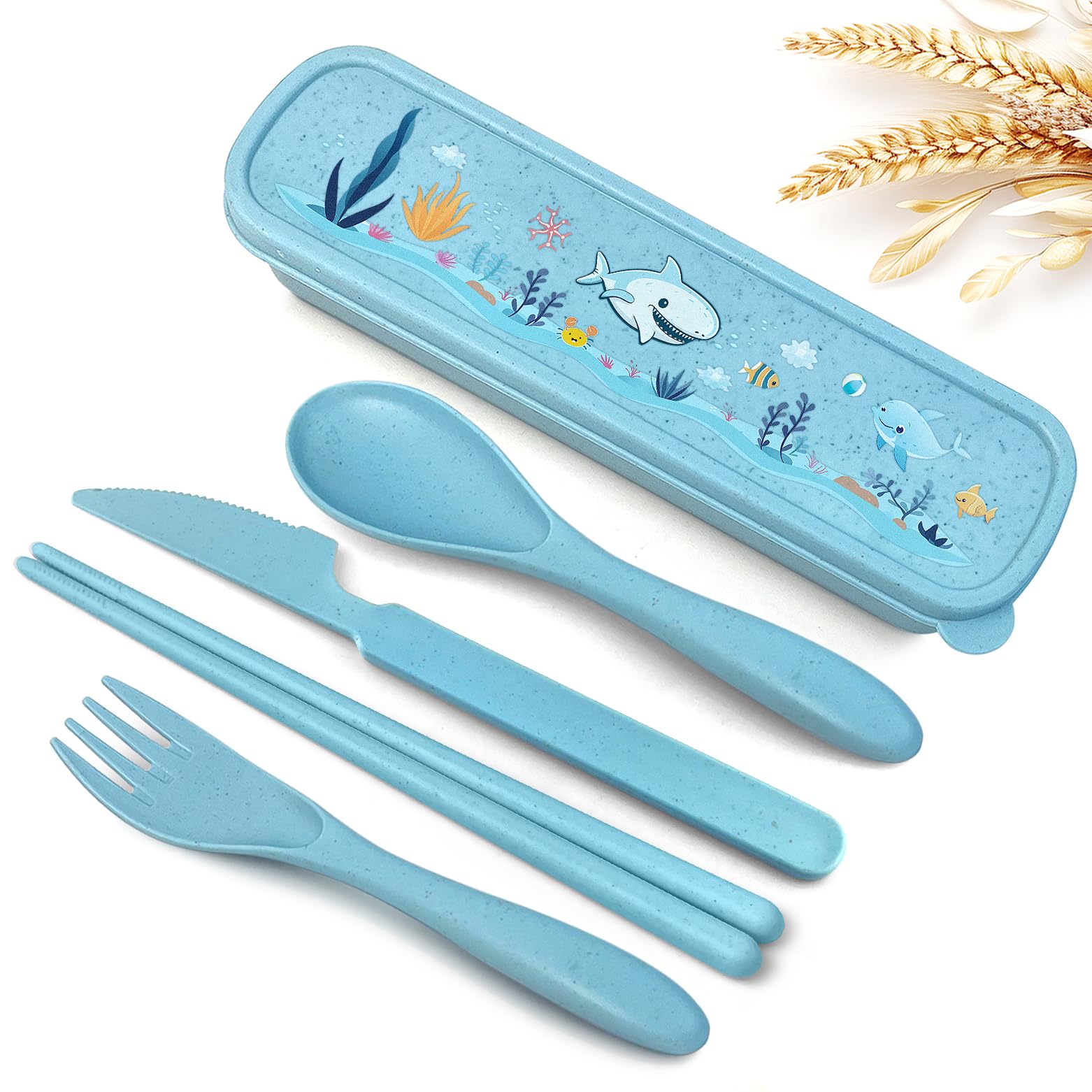 Teivio Eco-Friendly Wheat Straw Travel Utensil Set for Kids - Reusable Plastic Fork, Spoon, Knife & Chopsticks with Whales Storage Case | Perfect for School Lunch, Camping & Picnics (Blue)