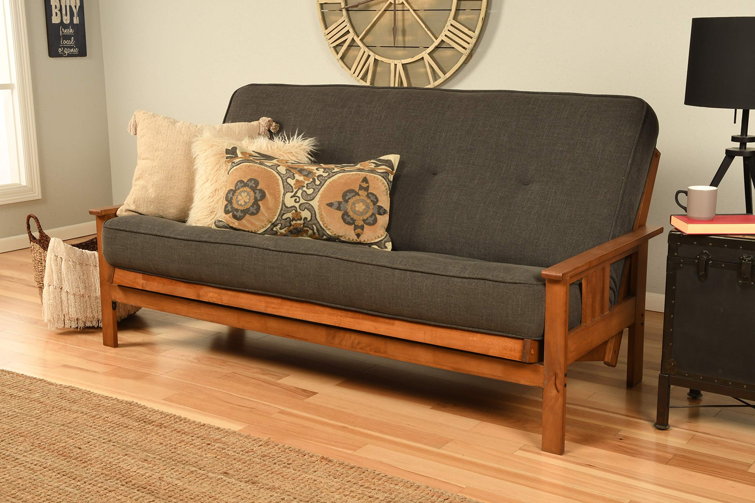 Kodiak Furniture Monterey Full Size Futon Set with Barbados Finish - Linen Charcoal Sofa Bed for Living Room, Guest Room & Small Spaces