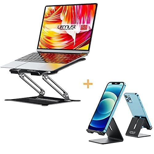 Urmust Ergonomic Adjustable Laptop Stand & Phone Holder Set (Black) - Perfect for Home Office, Workstation & Remote Work Setup