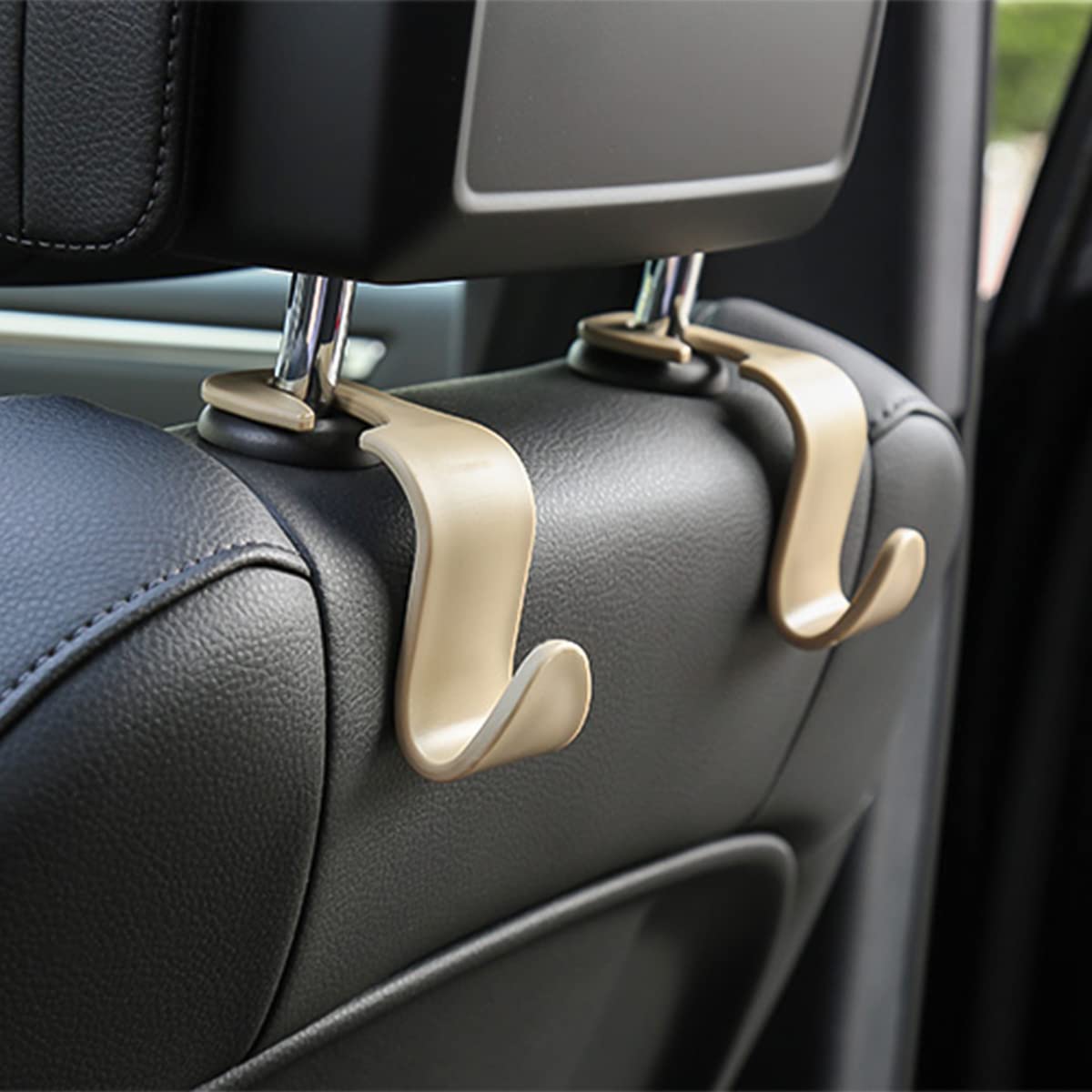 4 Pack Universal Black Car Back Seat Headrest Hooks - Heavy Duty Hangers for Purse, Grocery Bags, Handbag & Car Organizer Accessories (Beige) | Perfect for Road Trips, Shopping & Daily Commute