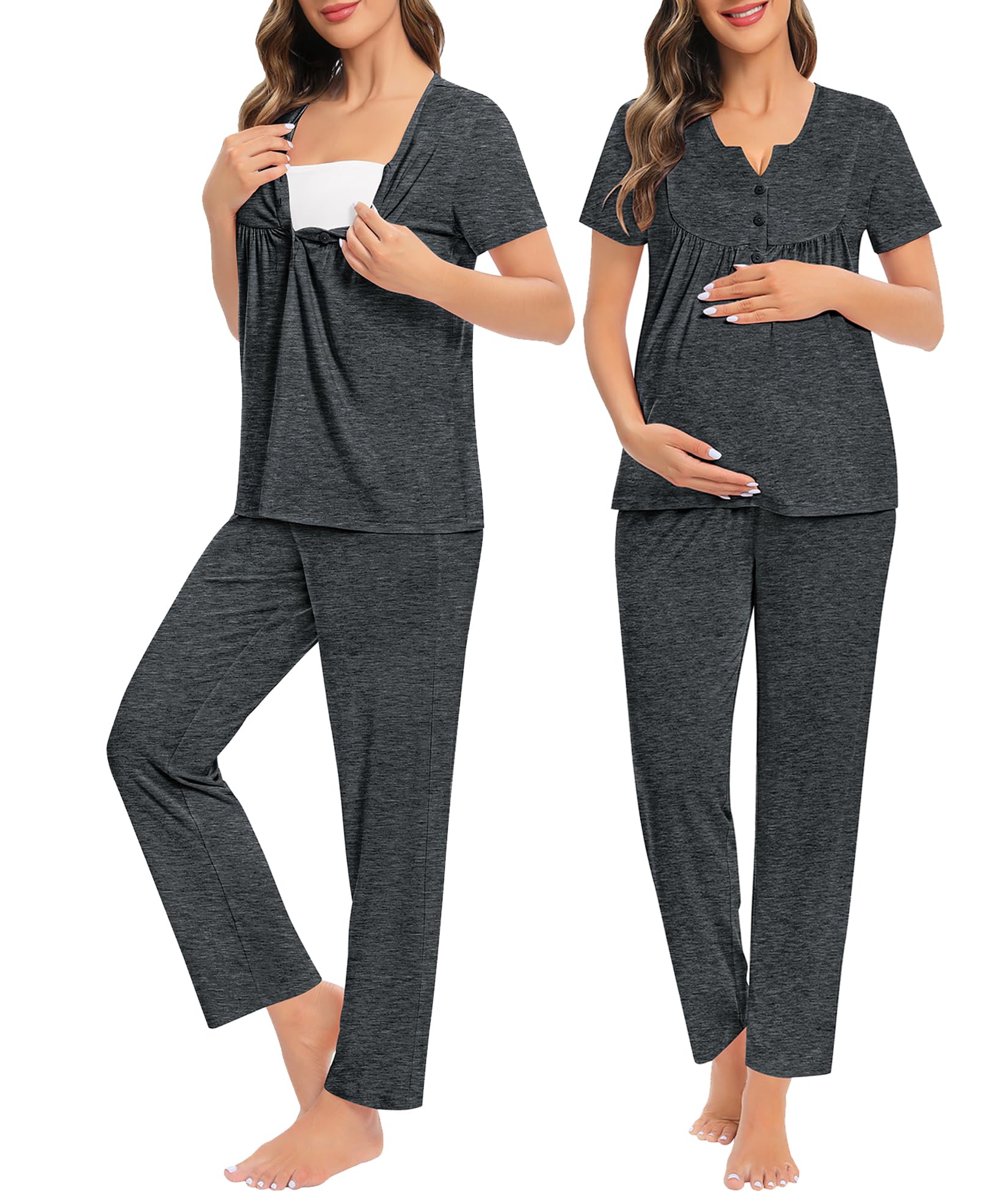 SWOMOG 3-Piece Maternity Nursing Pajama Set - Soft Breastfeeding Sleepwear with Short Sleeve Top & Pants for Pregnant Women | Comfortable Pregnancy Pajamas for Nighttime Nursing, Lounging & Hospital Stay