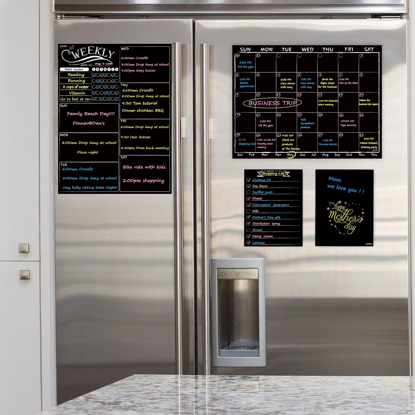 Magnetic Chalkboard Monthly Calendar Set - Weekly Planner & Refrigerator Blackboard with Neon Liquid Chalk Markers - Includes Bonus Grocery List Notepad for Kitchen Organization & Home Office Planning