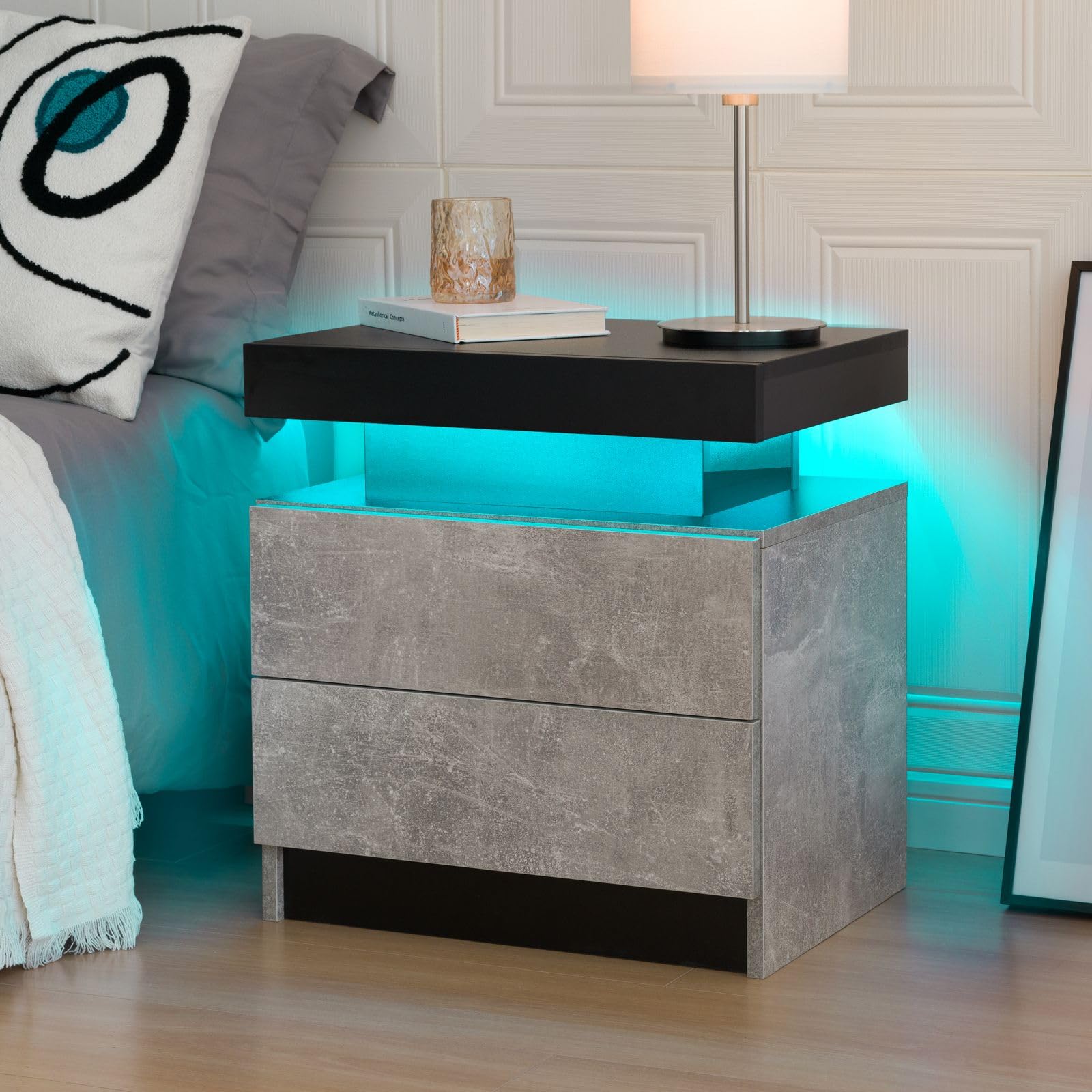 Modern LED Nightstand with 2 Drawers - Wooden Bedside Table with Soft Lighting for Bedroom, Living Room End Table (Grey) - Perfect for Reading, Charging Devices & Bedroom Storage