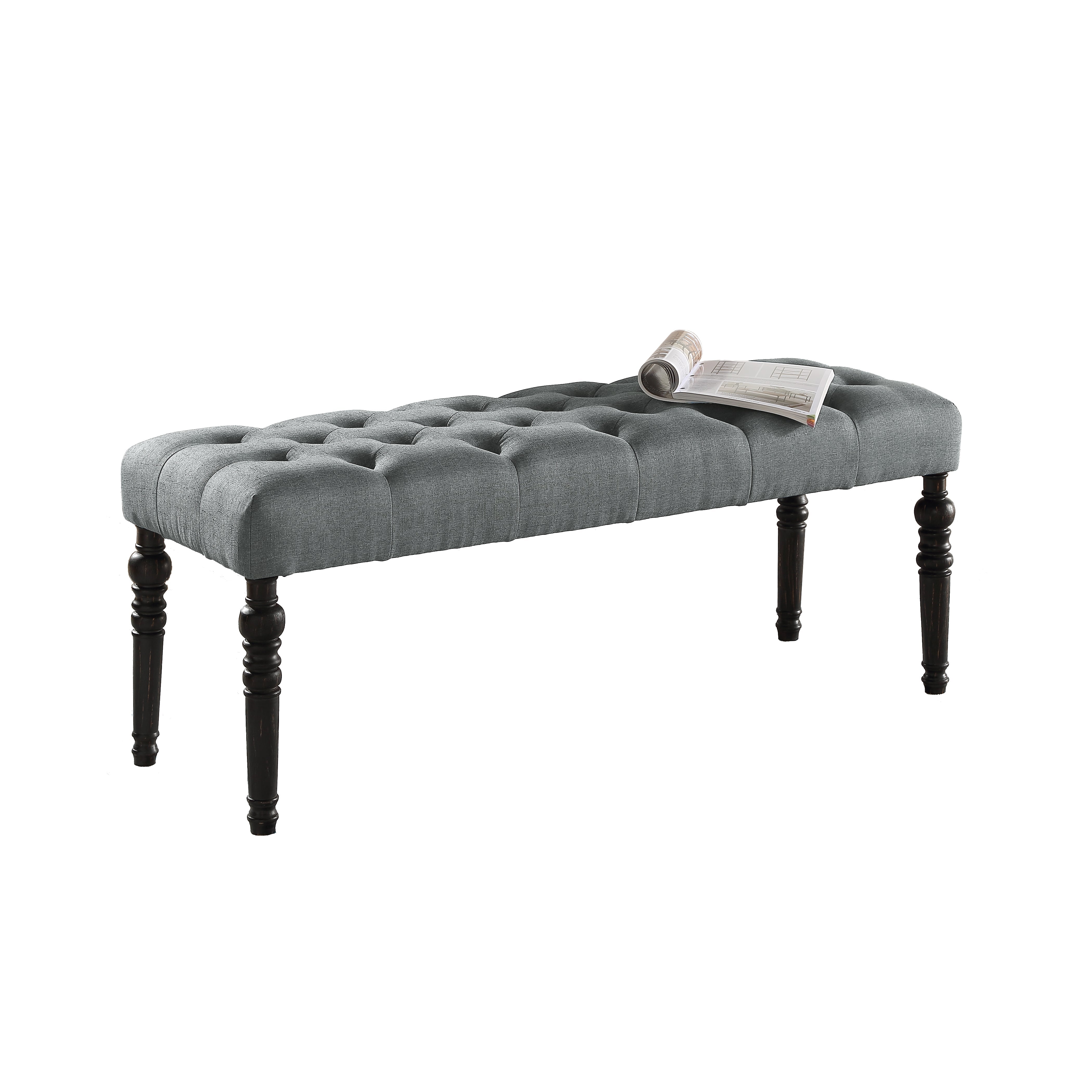 Roundhill Furniture Leviton Fabric Tufted Turned Leg Dining Bench, Gray - Stylish Upholstered Seat for Kitchen, Dining Room & Entryway - Comfortable & Durable Home Decor