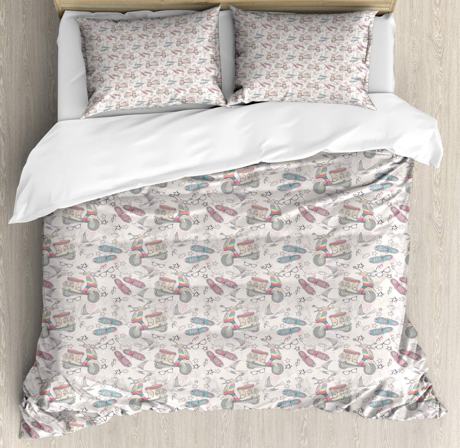 Ambesonne Hipster Duvet Cover Set - Grunge Teen Youth Pattern with Retro Shoes, Scooters, Glasses, Stars, Thunder & Birds - 2 Pack Queen Size Bedding Set with 2 Duvet Covers & 4 Pillowcases - Perfect for Teen Bedrooms, Dorm Rooms & Hipster Home Decor