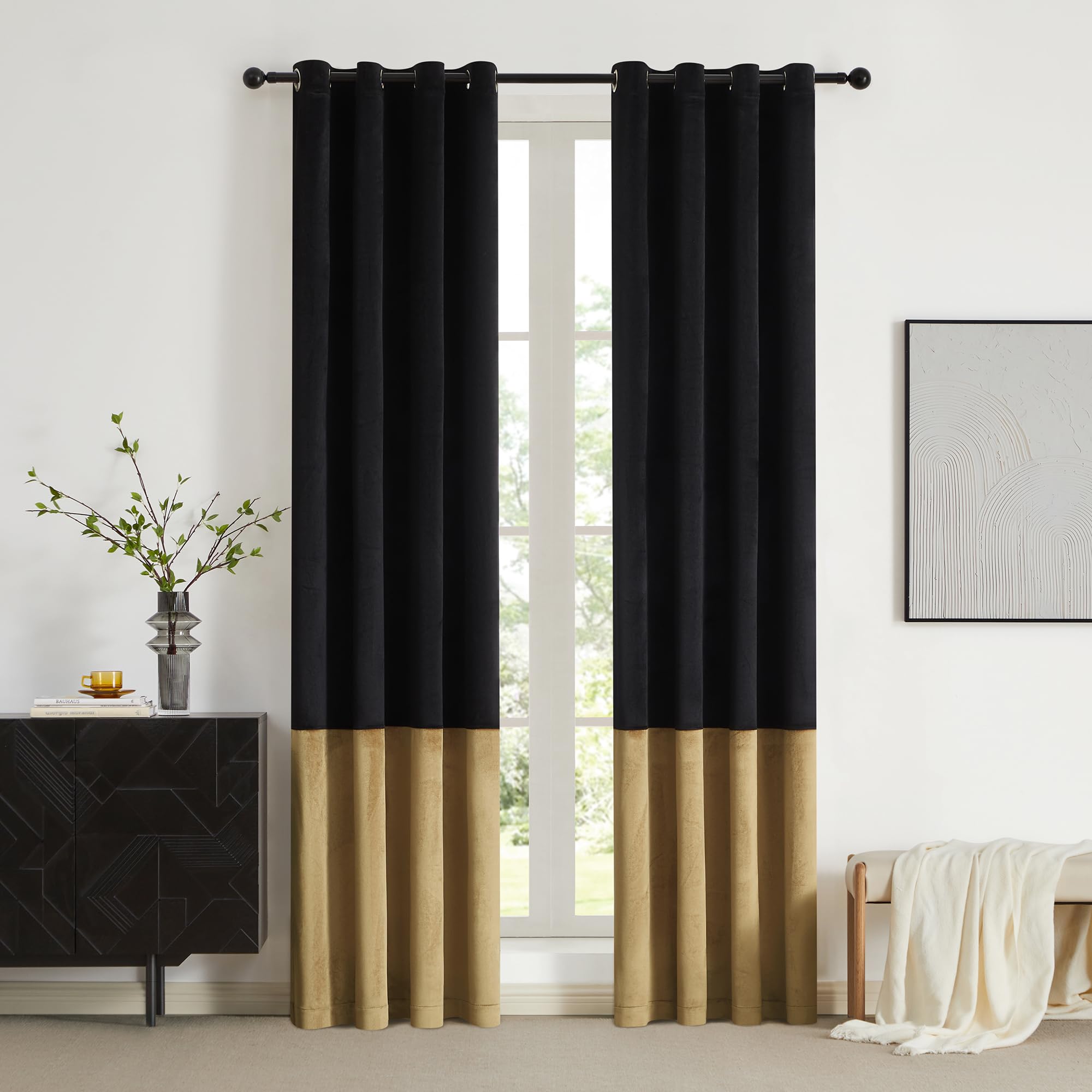 BULBUL Black Gold 100% Blackout Velvet Curtains - 84 Inch Thermal Insulated Drapes with Grommet Top, Set of 2 Panels for Living Room & Bedroom - Perfect for Home Theater, Nursery & Light-Sensitive Sleepers