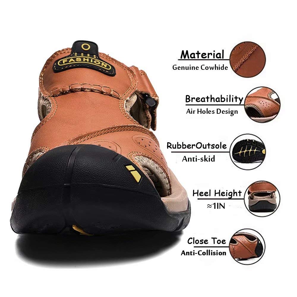 VISIONREAST Men's Leather Hiking Sandals - Waterproof Outdoor Sports Sandals with Closed Toe for Beach, Fishing & Water Activities | Durable & Comfortable for Walking, Travel & Summer Adventures