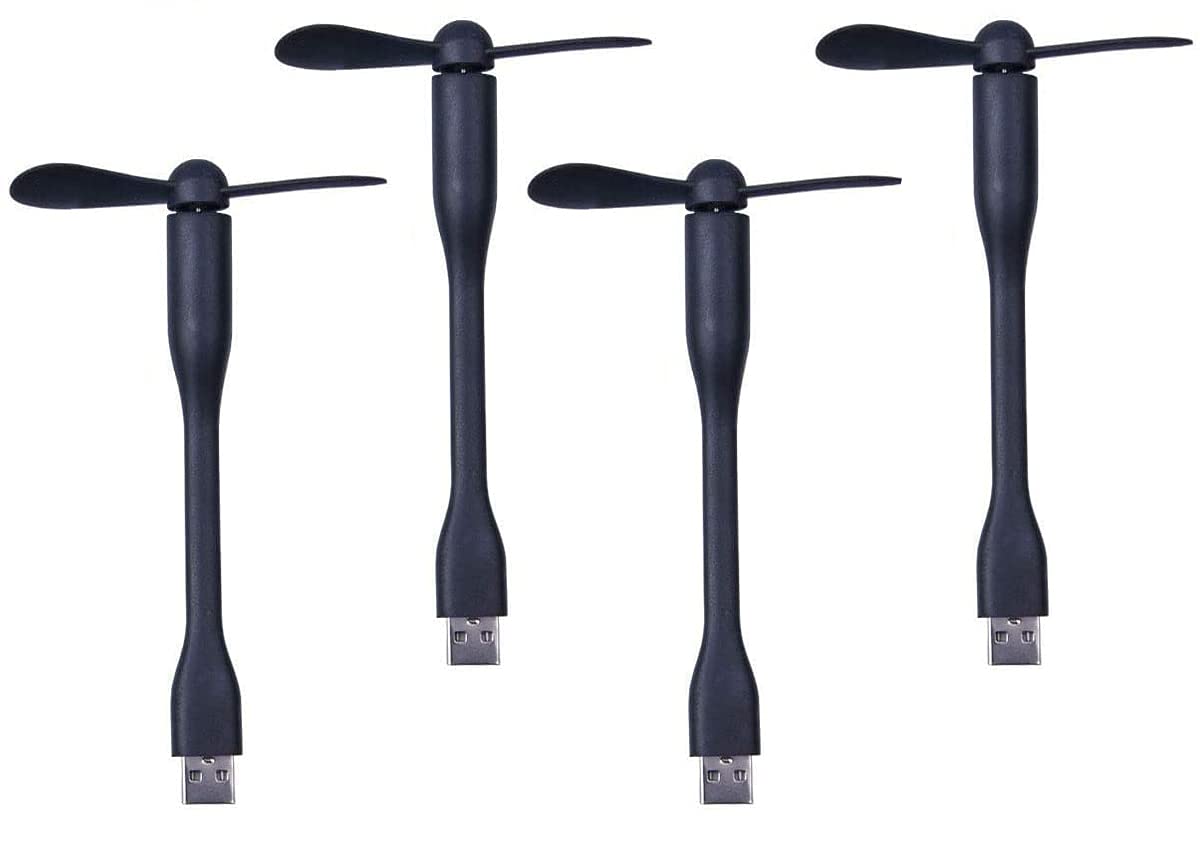 4 Pack Mini USB Fan - Personal Portable Pocket Fan for Office, Travel, Camping, Fishing | Rechargeable Battery Operated | Compact Cooling for Humidifier, Power Bank, Library, Cinema, Outdoor Activities (Black)