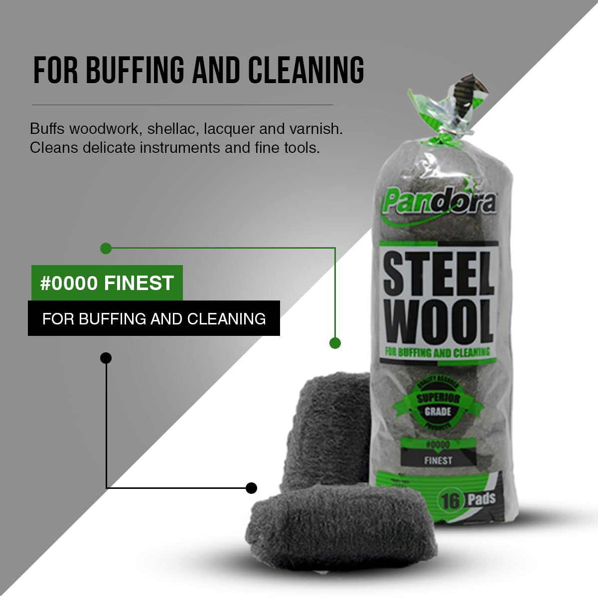 Pandora Steel Wool #0000 - Finest Grade, 16 Pads for Buffing and Cleaning - High-Quality Metal Strands - Perfect for Windows, Furniture, and Automotive Detailing