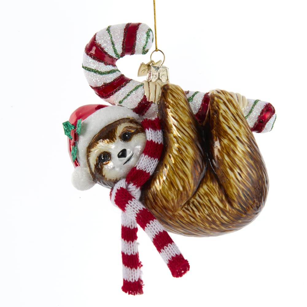 Noble Gems™ Glass Sloth Christmas Ornament with Candy Cane - Handmade Holiday Decor for Tree, Gift, and Festive Home Decorations