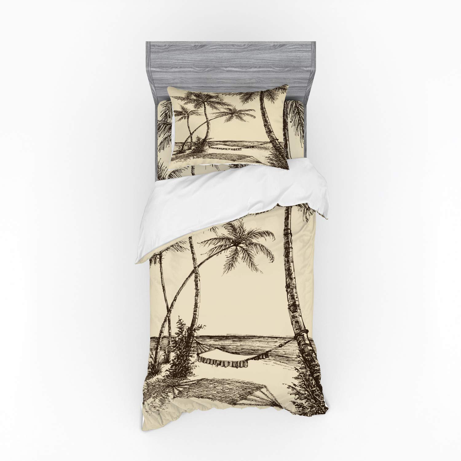 Ambesonne Tropical Duvet Cover Set - Sketch Style Hammock & Palm Trees Beach Design, 3-Piece Bedding Set with Pillow Sham & Fitted Sheet, Twin Size in Cream & Dark Brown | Perfect for Beach-Themed Bedrooms, Vacation Homes & Tropical Decor