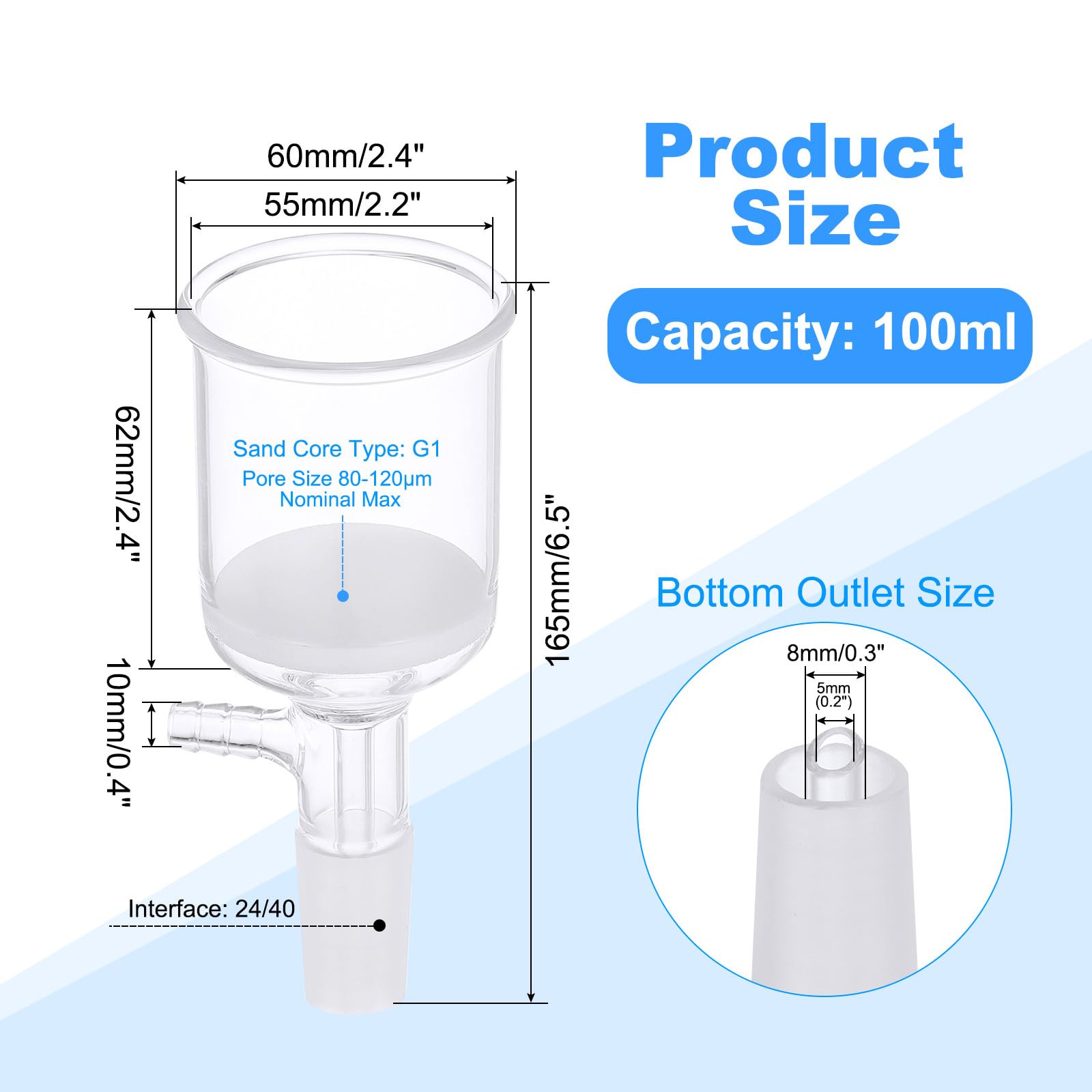 PATIKIL 100ml Borosilicate Glass Buchner Funnel with Fine Frit (G1) - 24/40 Standard Taper Joint - 55mm ID, 64mm Depth - Laboratory Glassware for Chemistry Experiments & Filtration - Perfect for Scientific Research, School Labs & Pharmaceutical Applications
