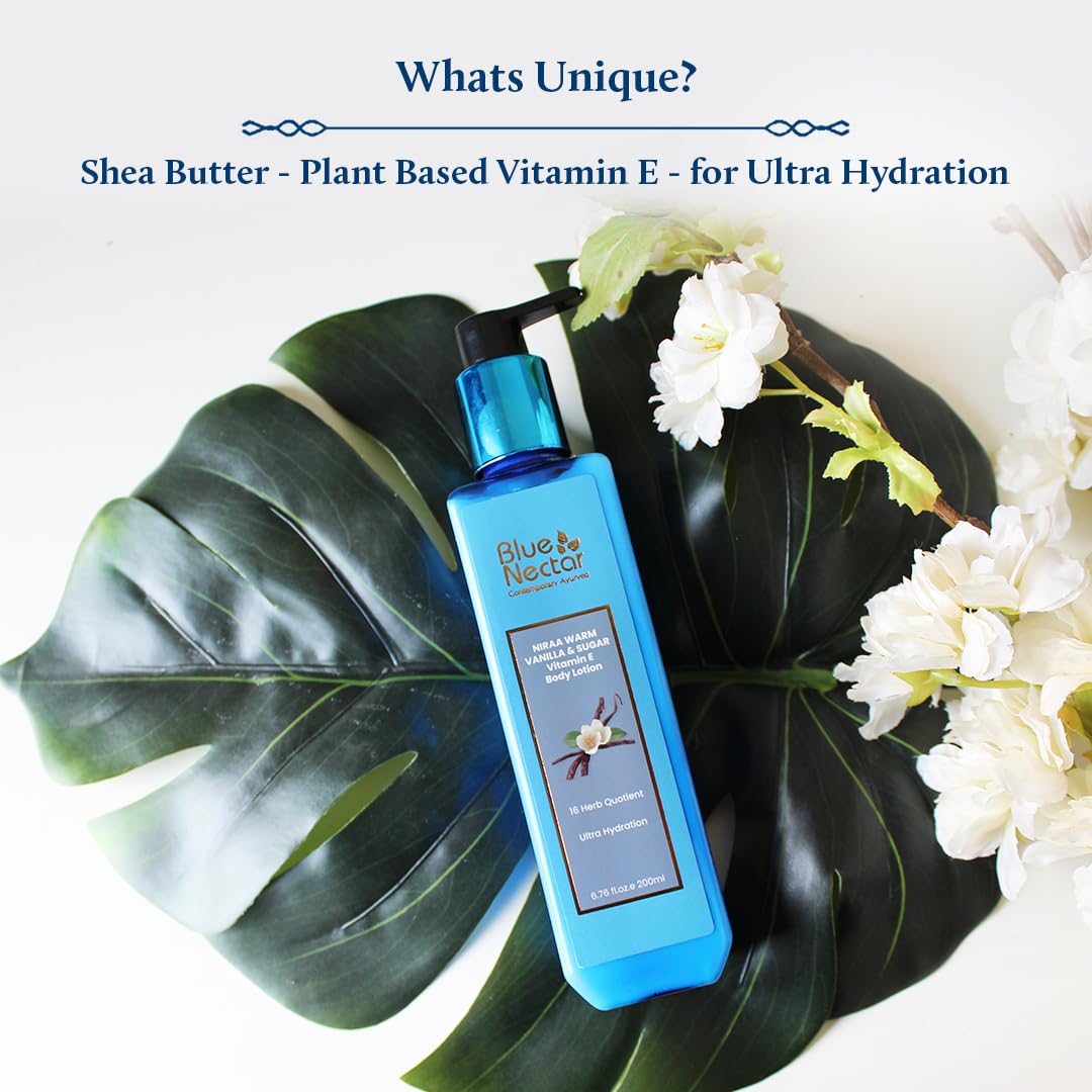 Blue Nectar Ultra Hydrating Warm Vanilla Body Lotion for Dry & Oily Skin with Plant-Based Vitamin E | Natural Body Butter & Winter Moisturizer | Deep Hydration for Face & Body | 16 Herbs Formula | 200ml | Perfect for Daily Skincare & Cold Weather Protection