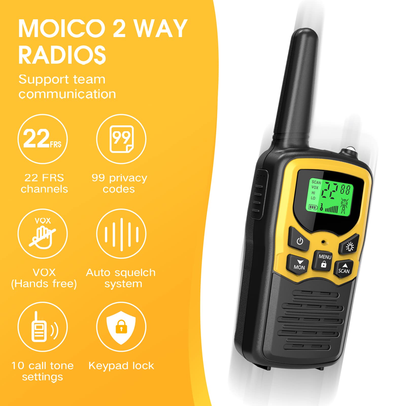 MOICO Long Range Walkie Talkies for Adults - 2 Pack Two-Way Radios with 22 FRS Channels, VOX, Scan & LCD Display, LED Flashlight - Ideal for Hiking, Camping, Biking & Outdoor Adventures (Yellow)