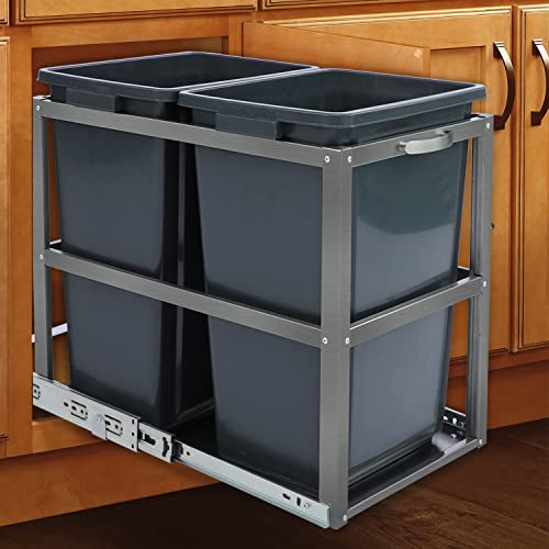 ONG Double Sliding Pull-Out Under Sink Waste Containers - 30L/32Qt Soft-Close Trash Bins & Recycling Garbage Can for Kitchen Cabinet Organization - Includes 2 Black Bins - Perfect for Waste Sorting in Small Spaces & Modern Kitchens
