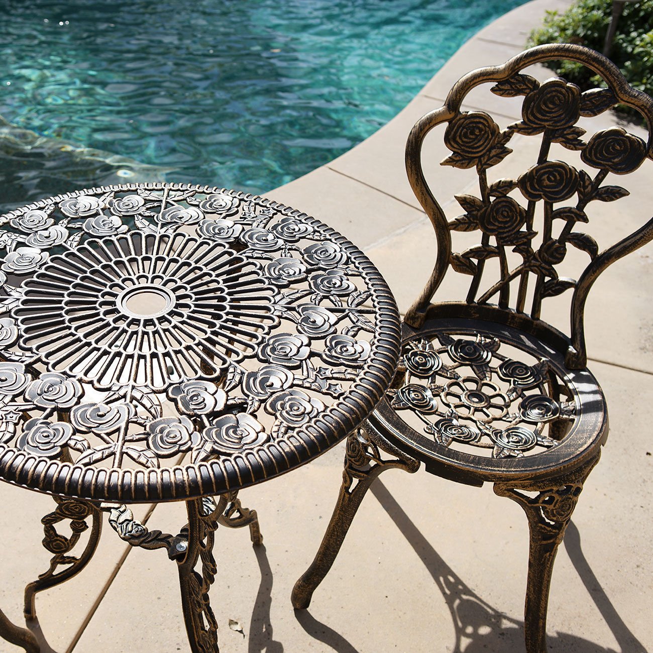 Vintage Rose Pattern 3-Piece Outdoor Bistro Set - Cast Iron & Aluminum Patio Furniture with Antique Bronze Finish | Perfect for Garden, Balcony, and Backyard Dining
