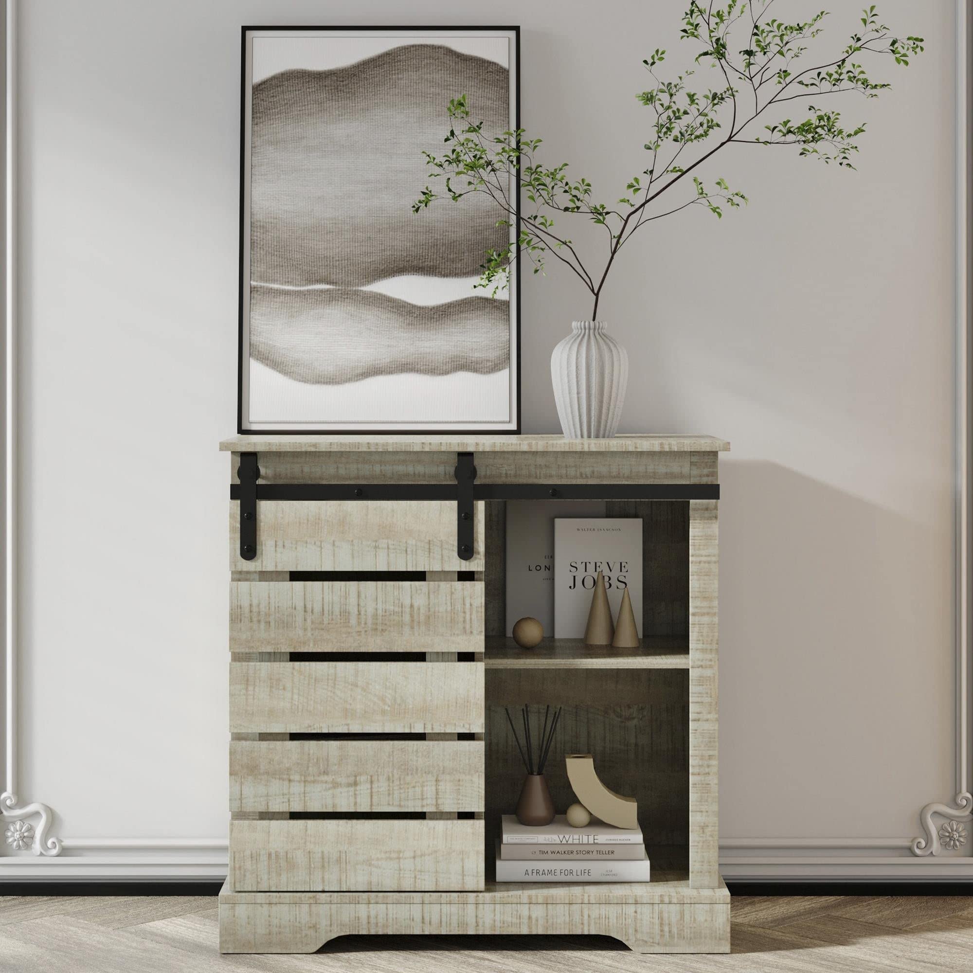 Modern Gray Sideboard Buffet Cabinet with Sliding Barn Door & Interior Shelves - MDF Wood Finish with Hardware - Perfect for Dining Room Storage, Kitchen Organization & Living Room Decor