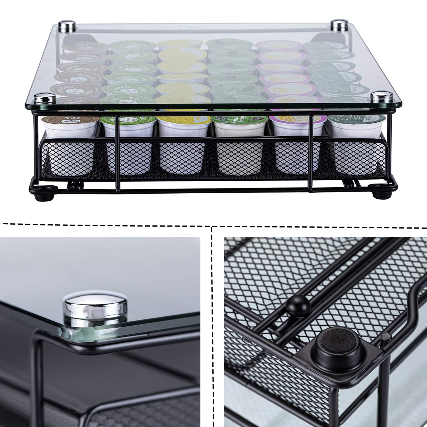 Premium Glass Top K-Cup Storage Organizer - Holds 42 Coffee Pods | Compact Coffee Capsule Drawer for Keurig Machines | Perfect for Kitchen Countertops & Office Coffee Stations