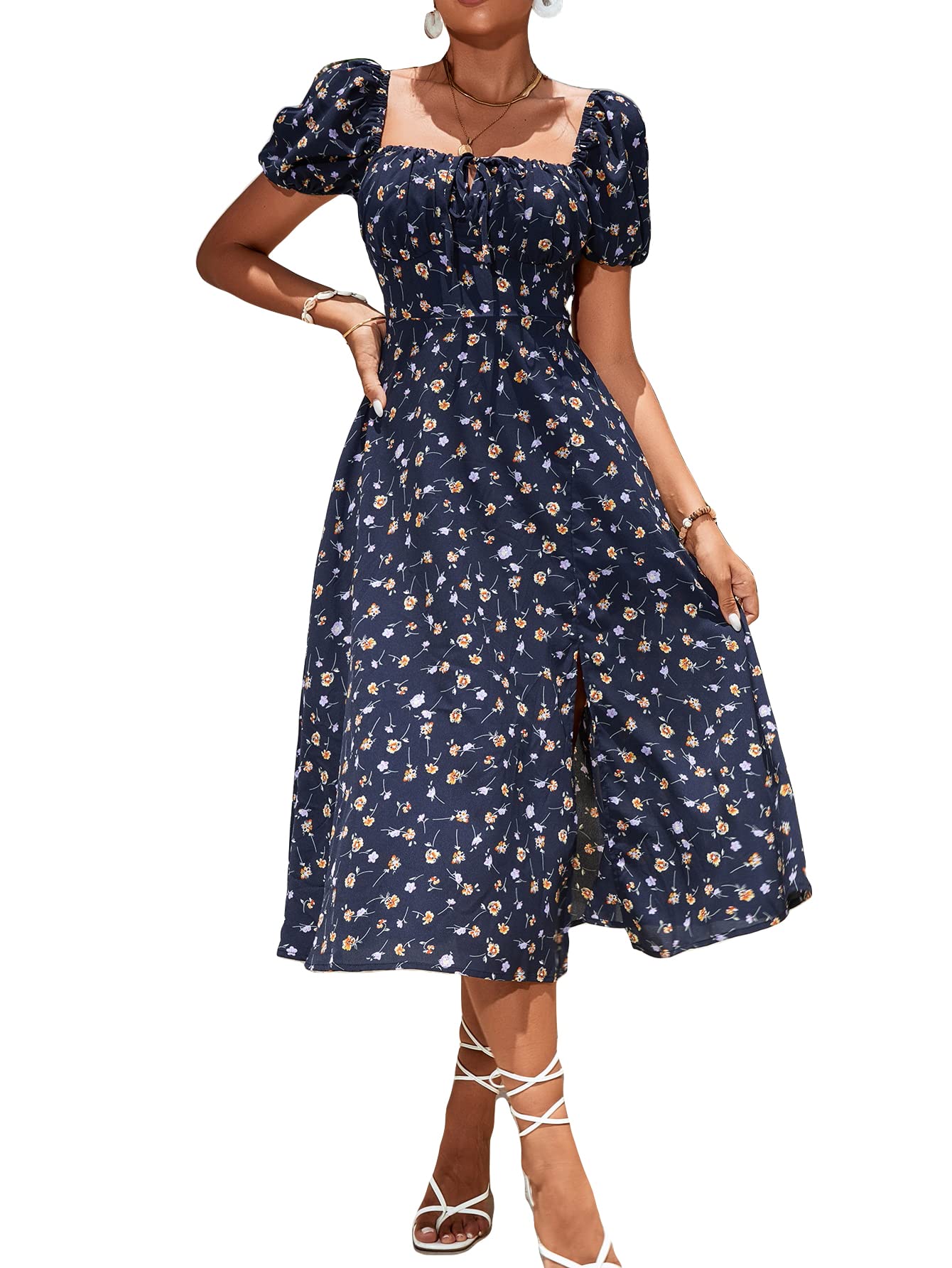 SheIn Women's Square Neck Floral Print A-Line Dress with Thigh Split - Elegant Summer Casual & Party Wear for Women