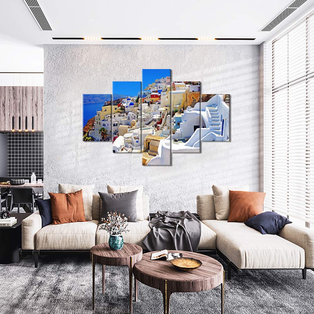 TUMOVO 5-Piece Seascape Wall Art Set - Oia Town, Aegean Sea Greece Coastal Wall Decor for Bedroom, Living Room & Dining Room - Wooden Framed Canvas Prints Ready to Hang (60''W x 40''H) - Perfect for Beach House, Vacation Home & Mediterranean Style Interior Design