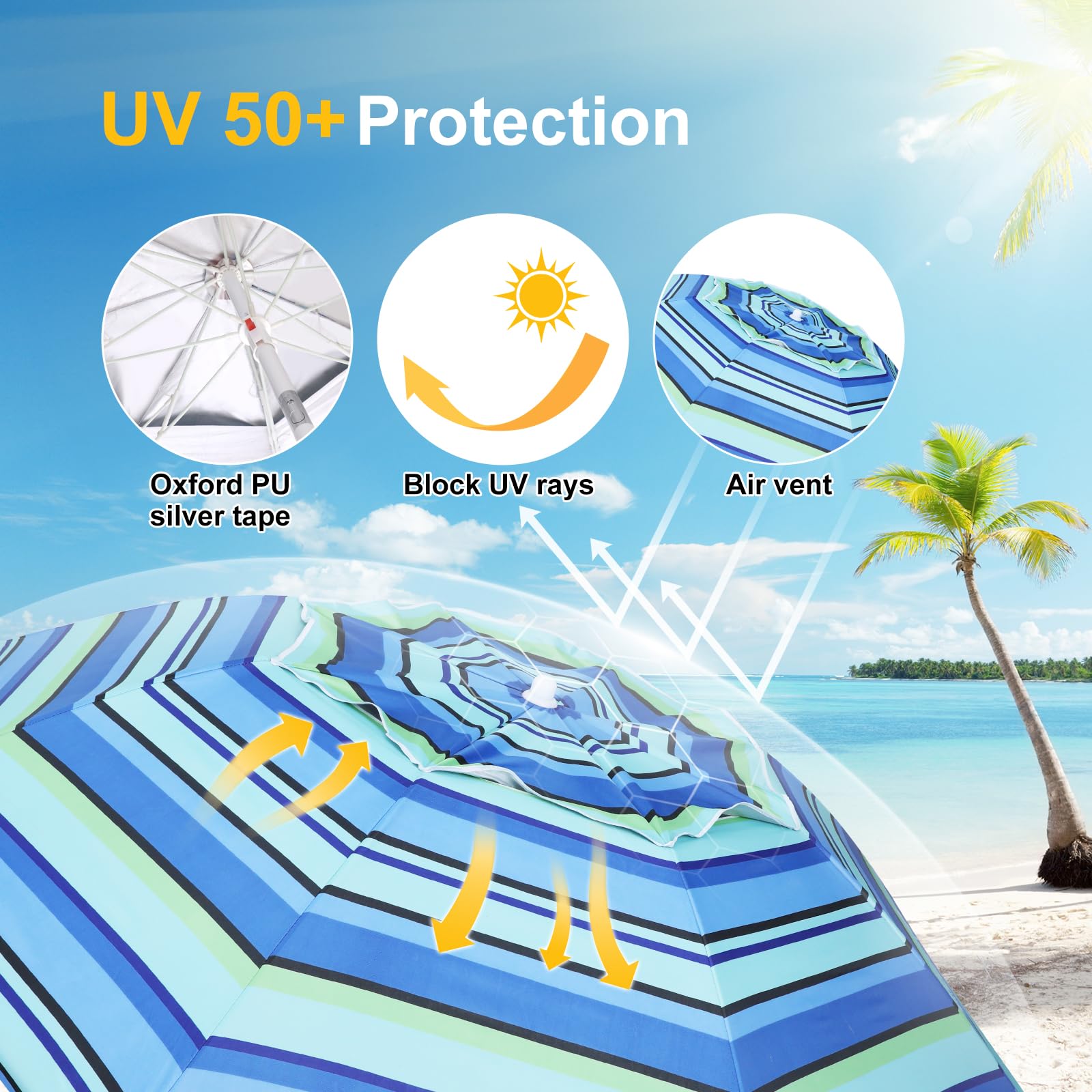 Grandekor 7FT Heavy Duty Windproof Beach Umbrella with Sand Anchor - Portable UV 50+ Sun Shade with Carry Bag & Side Table - Perfect for Beach, Pool, Backyard, and Outdoor Travel Adventures