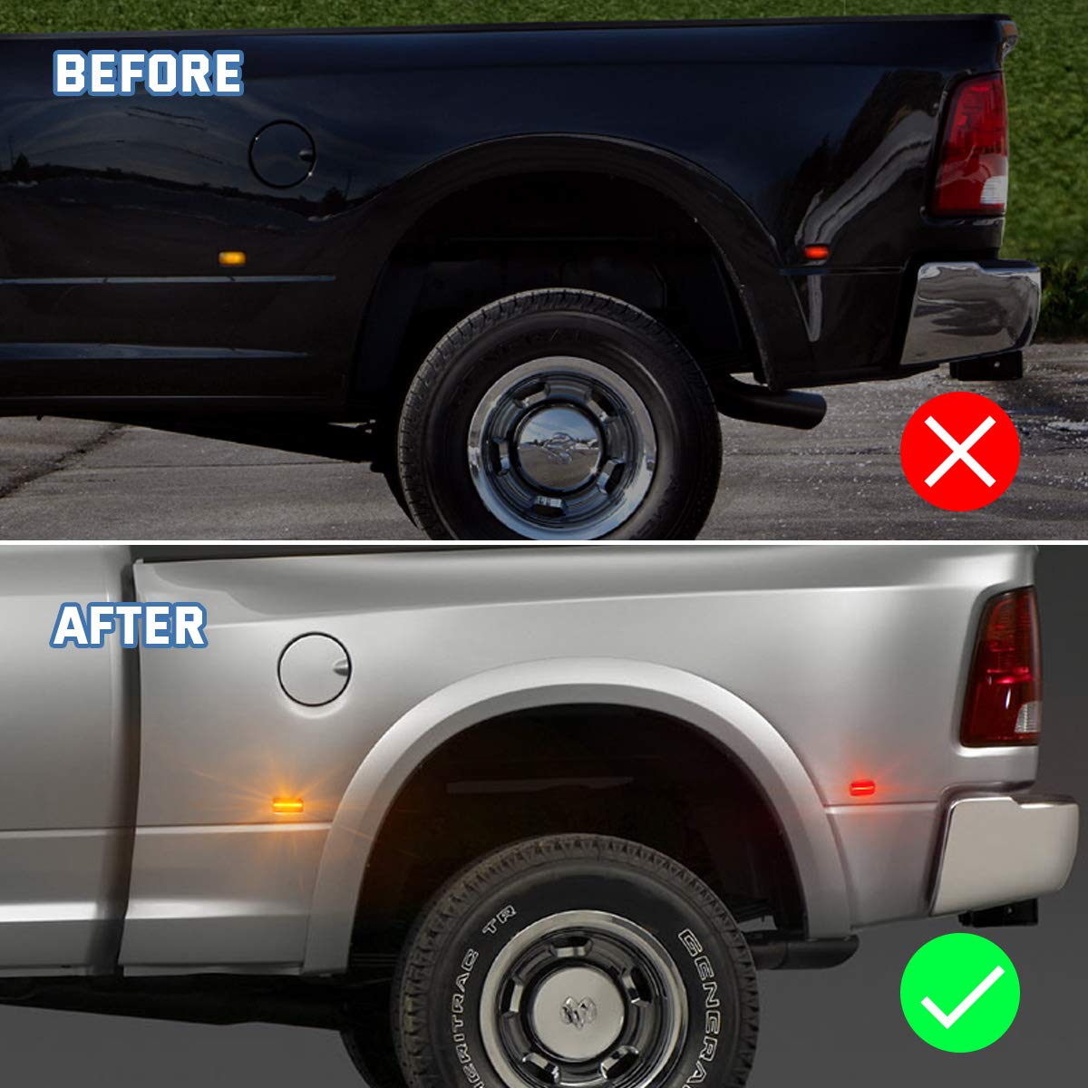 Gempro 4Pcs LED Side Marker Lights - Dual Fender Bed Lamp Assembly for 2010-2017 Dodge Ram 2500 3500 (Smoke Lens) - Waterproof Off-Road Truck Lighting for Night Driving & Customization