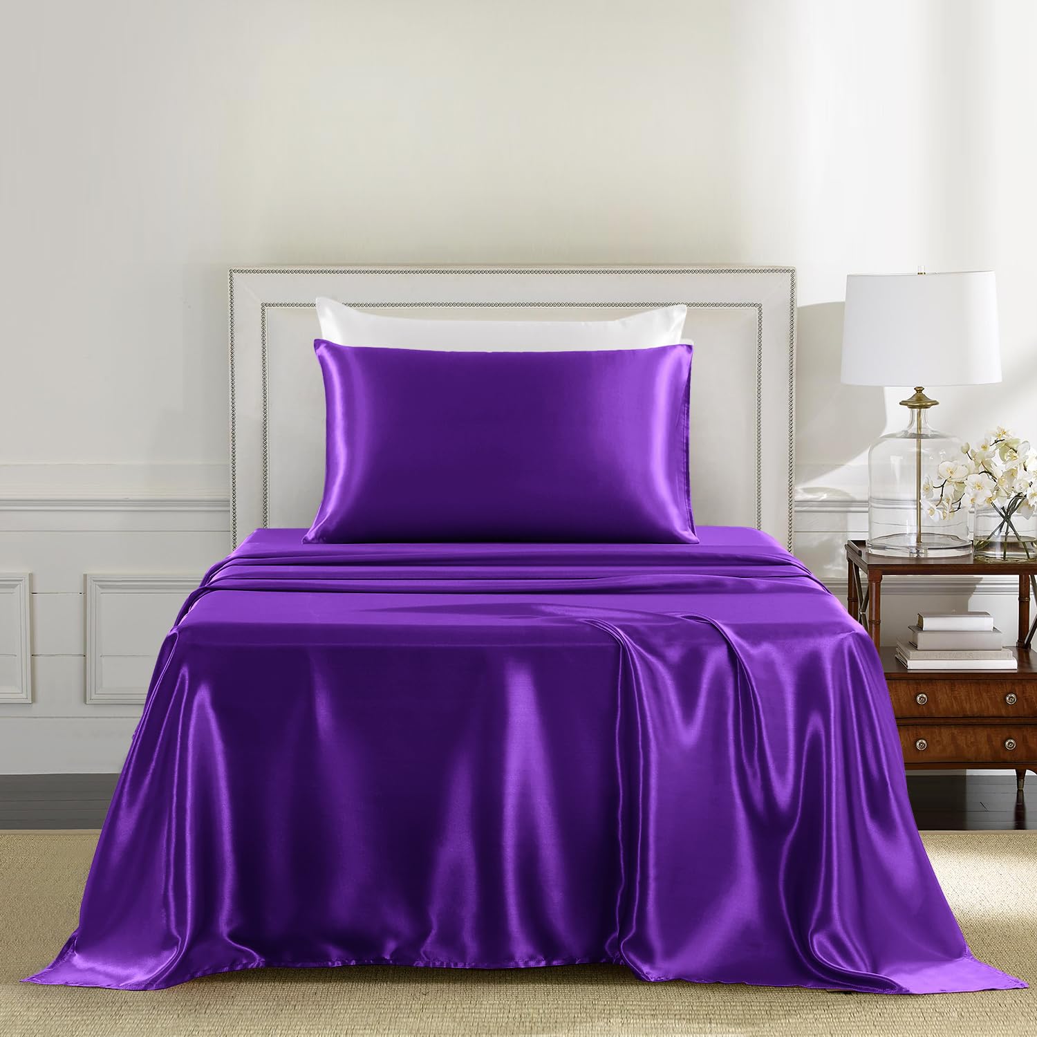Luxury Satin Sheets Twin Size - 3 Piece Silky Soft Bed Sheet Set for Kids & Adults, Wrinkle-Free Dark Purple Satin Silk Sheets with Deep Pocket Fitted Sheet, Flat Sheet & Pillowcase - Perfect for Bedroom Decor, Gift Giving & Comfortable Sleep