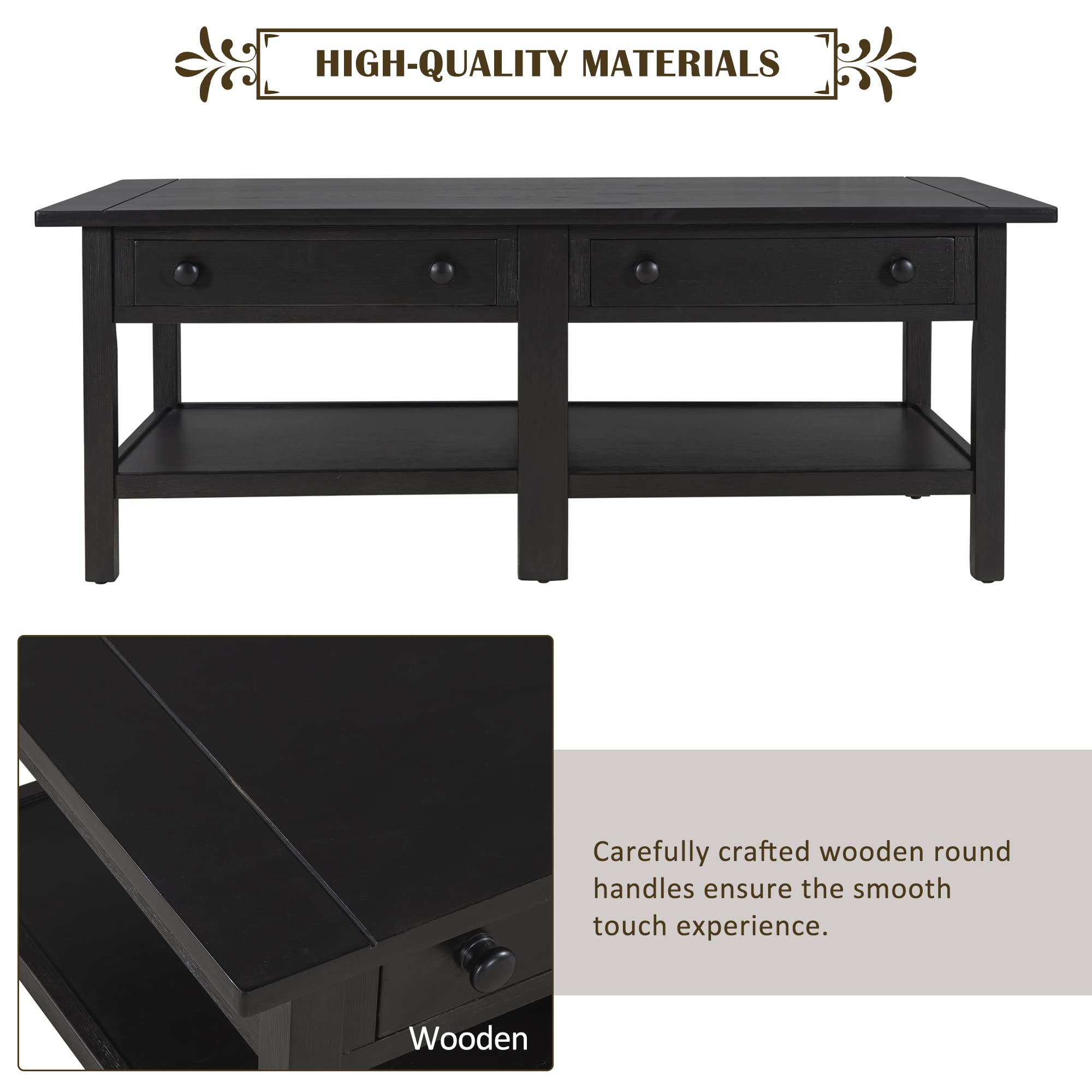 Solid Wood Coffee Table with 2 Drawers & Open Shelf - Large Storage American Classic Cocktail Table for Living Room, Office - Espresso Finish - Perfect for Entertaining, Relaxing & Home Decor