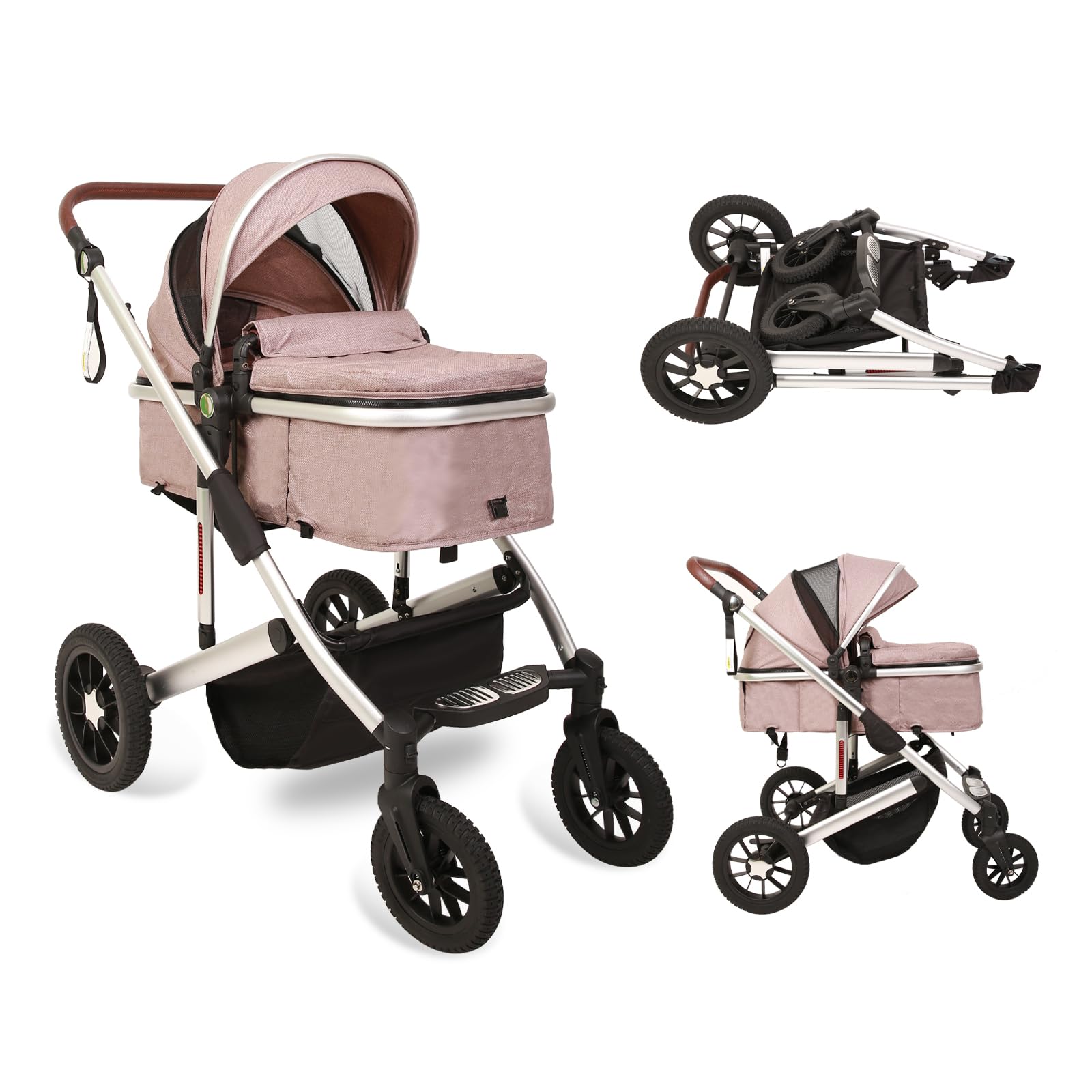 2 in 1 Baby Stroller with Reversible Bassinet - Adjustable Backrest & Canopy, Foldable Lightweight Aluminum Alloy Shock-Absorbing Stroller for Newborn to Toddler (Silver-Khaki) | Perfect for Park Walks, Shopping & Travel