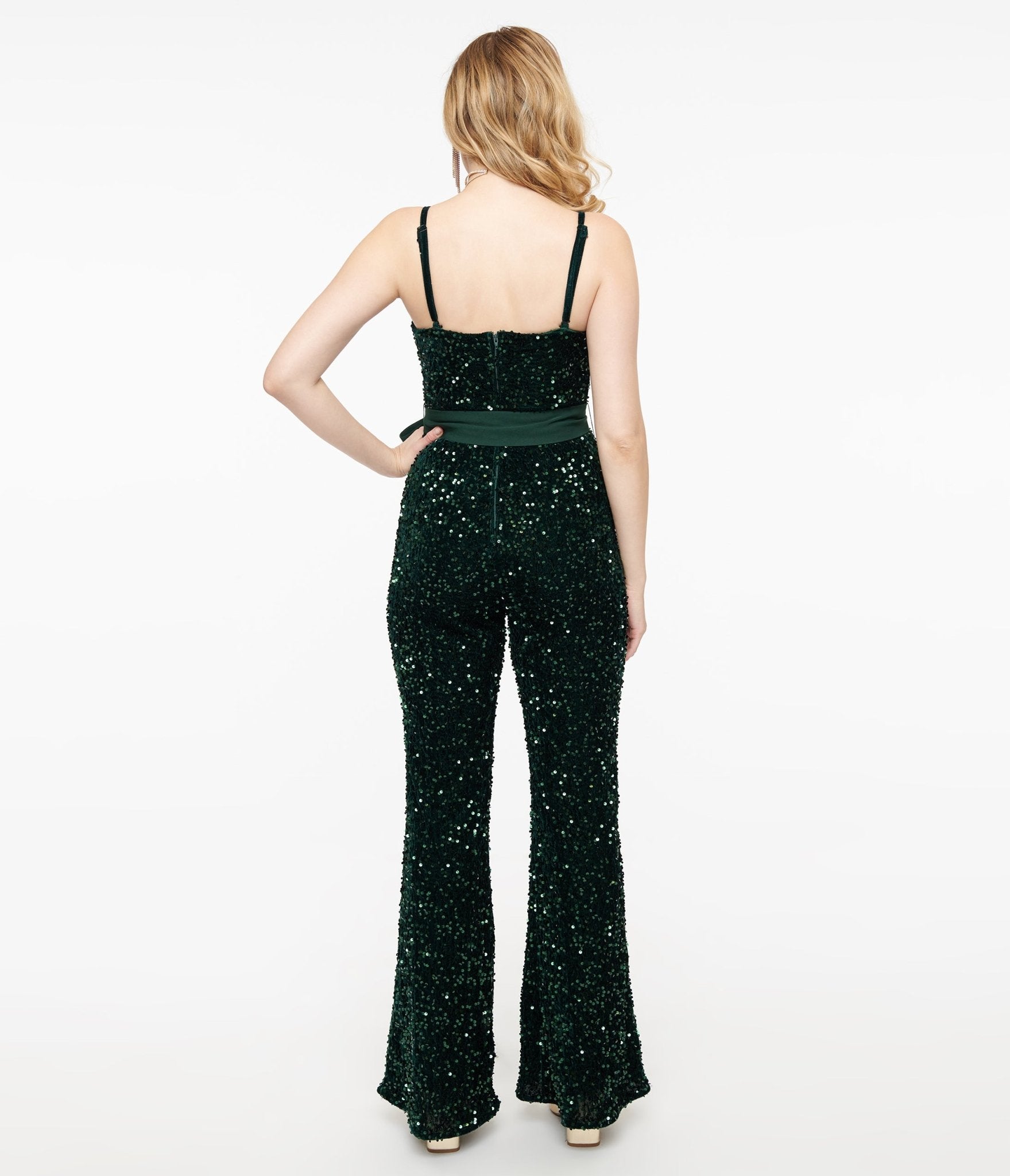 Vintage 1960s Green Sequin Flare Jumpsuit - Retro Disco Party Outfit for Women - Perfect for Halloween Costume, Themed Parties & Nightclub Events
