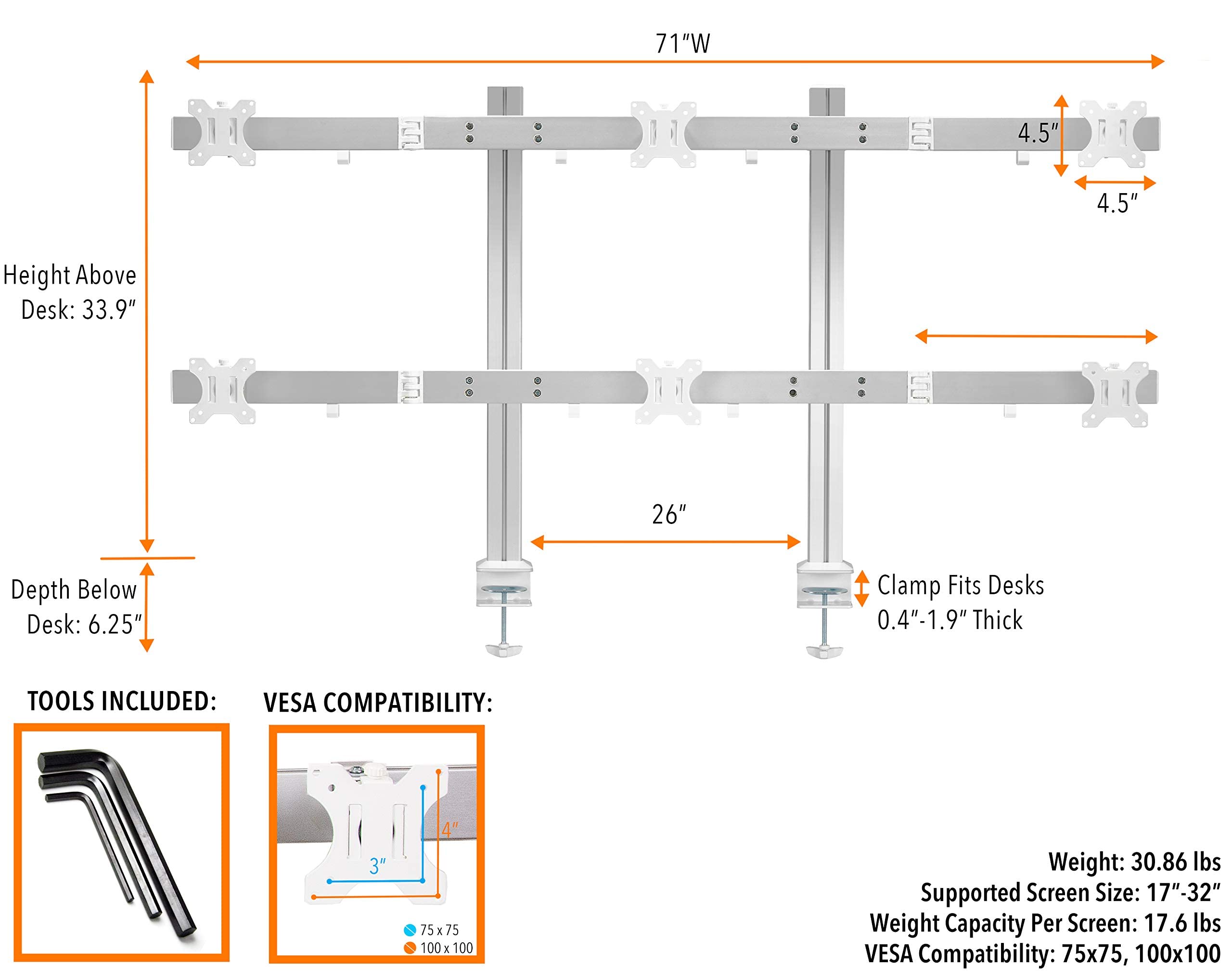 Heavy-Duty 6 Monitor Stand with Adjustable Height & Swivel Arm - VESA Mount for 6 LCD/LED Screens 17-32 inches, Clamp-On Base (Silver) - Perfect for Gaming Setup, Office Workstation & Multi-Tasking Professionals