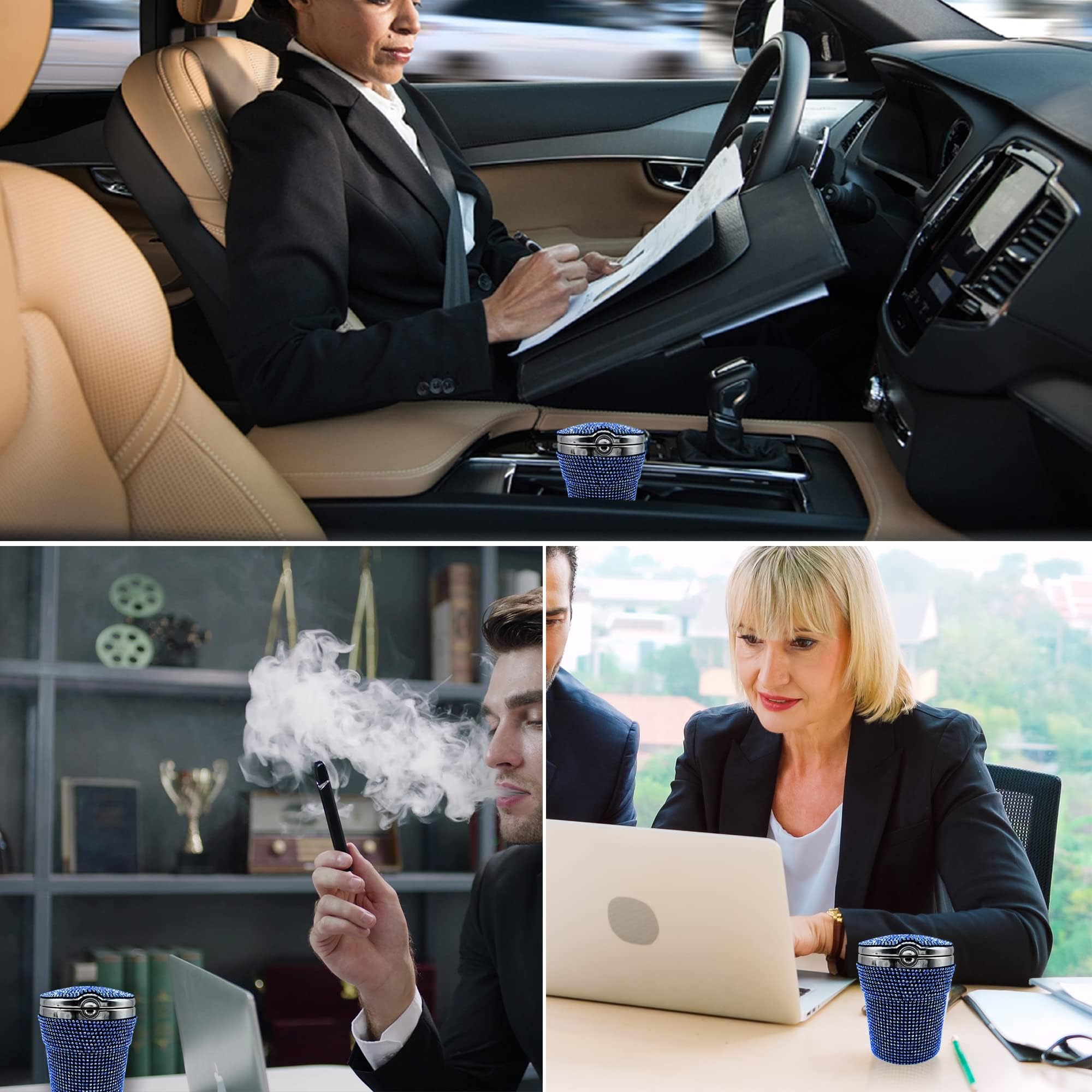 Premium Stainless Steel Car Ashtray with Lid & Blue LED Light - Smokeless Vehicle Cigarette Holder for Cup Holder - Ideal for Car, Home & Office Use (Blue)
