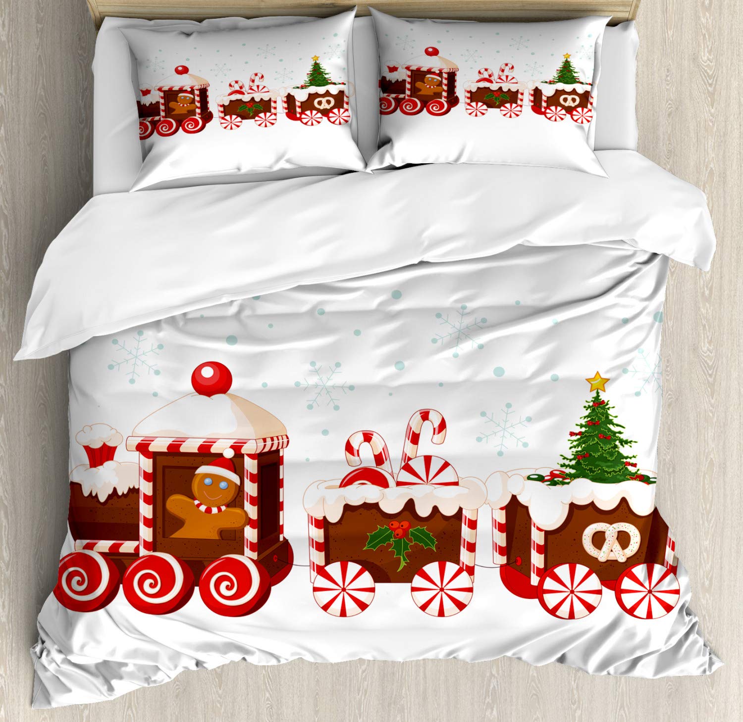 Ambesonne Christmas Duvet Cover Set 3-Piece - Train Gingerbread Cream Candy Cartoon Toys Snowflakes Presents Design - California King Size Bedding with 2 Pillow Shams - White Brown Vermilion Holiday Decor for Cozy Winter Bedrooms & Festive Home Styling