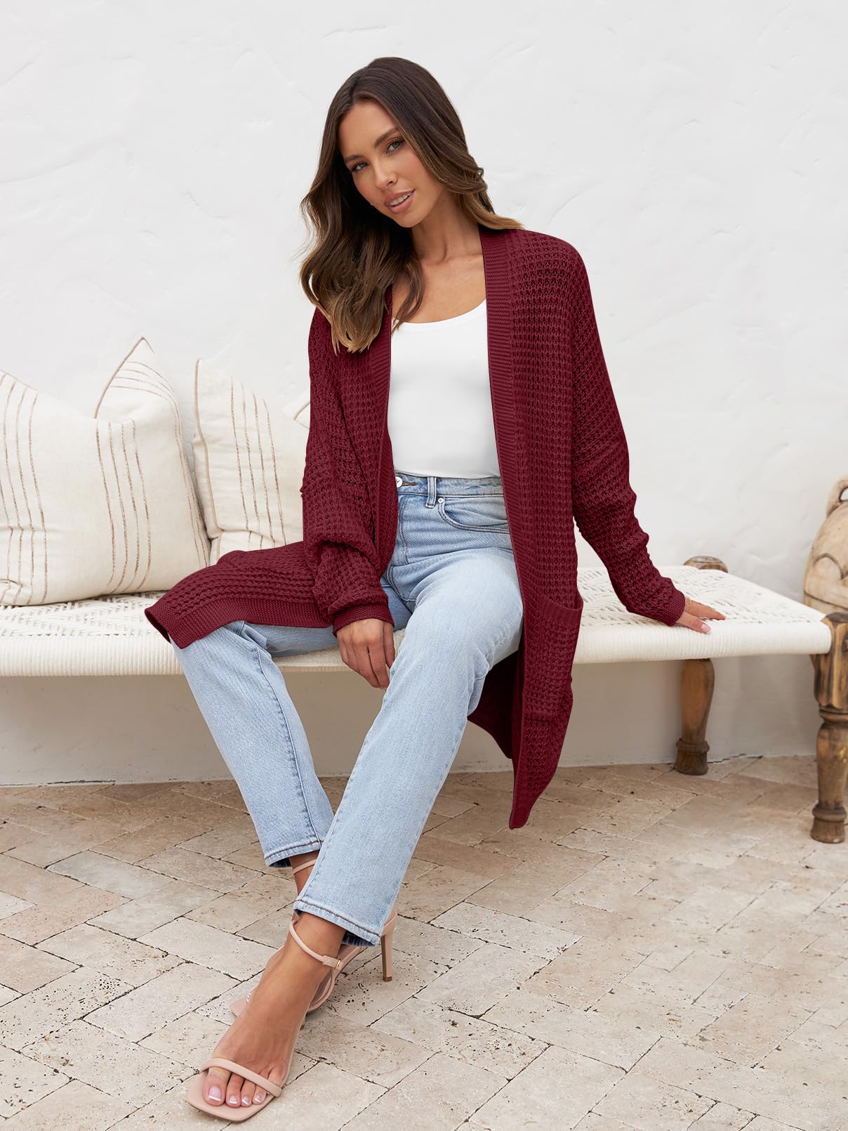 MEROKEETY Women's Oversized Long Batwing Sleeve Cardigan Waffle Knit Sweater Coat - Cozy Fall Winter Layering Piece for Casual Outfits & Lounge Wear