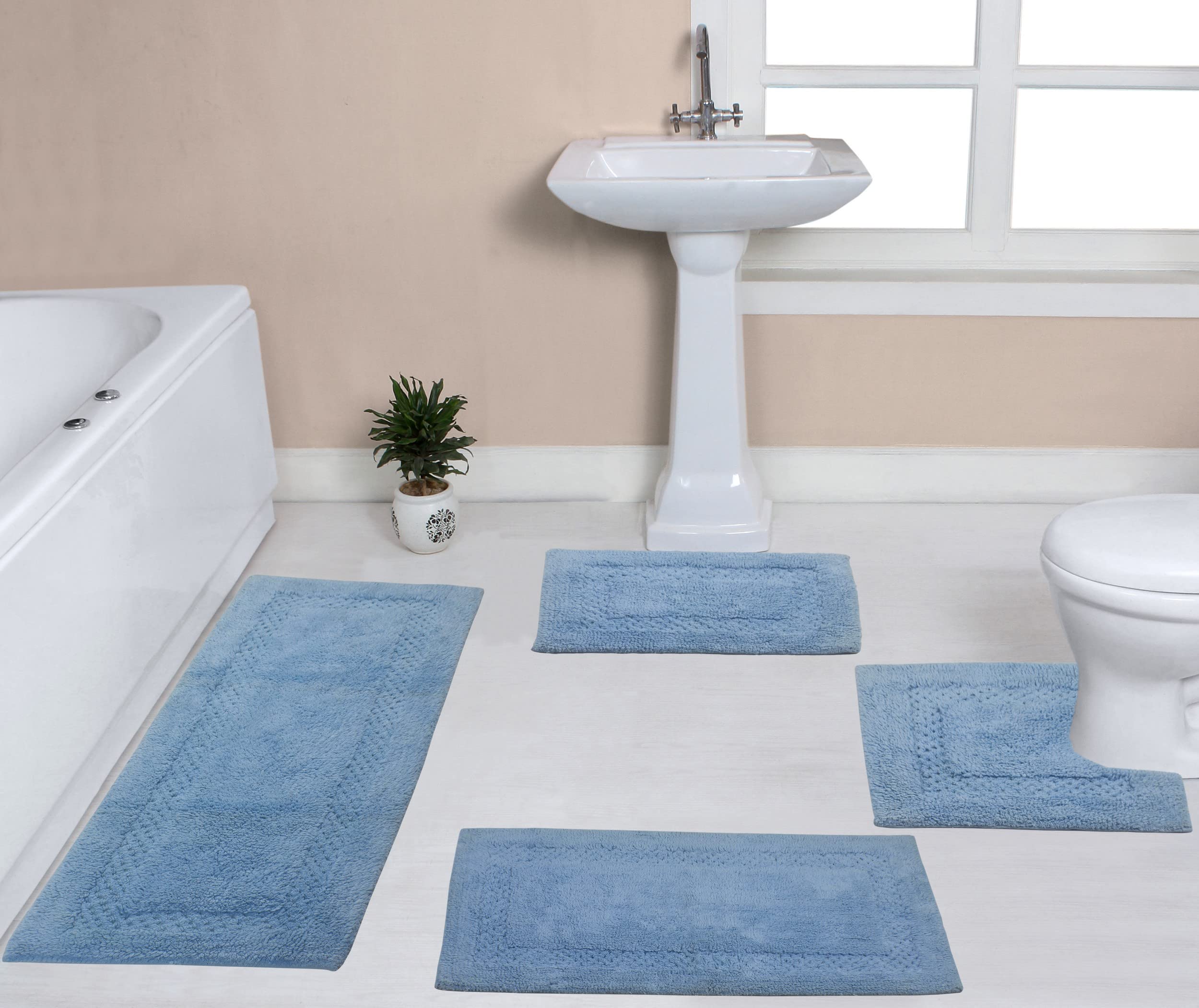Premium 100% Cotton Bathroom Rugs Set - Ultra Soft & Absorbent Non-Slip Bath Mats for Shower, Tub & Vanity Area - Machine Washable 4-Piece Set with Runner (Blue) - Perfect for Bathroom, Kitchen & Entryway Decor