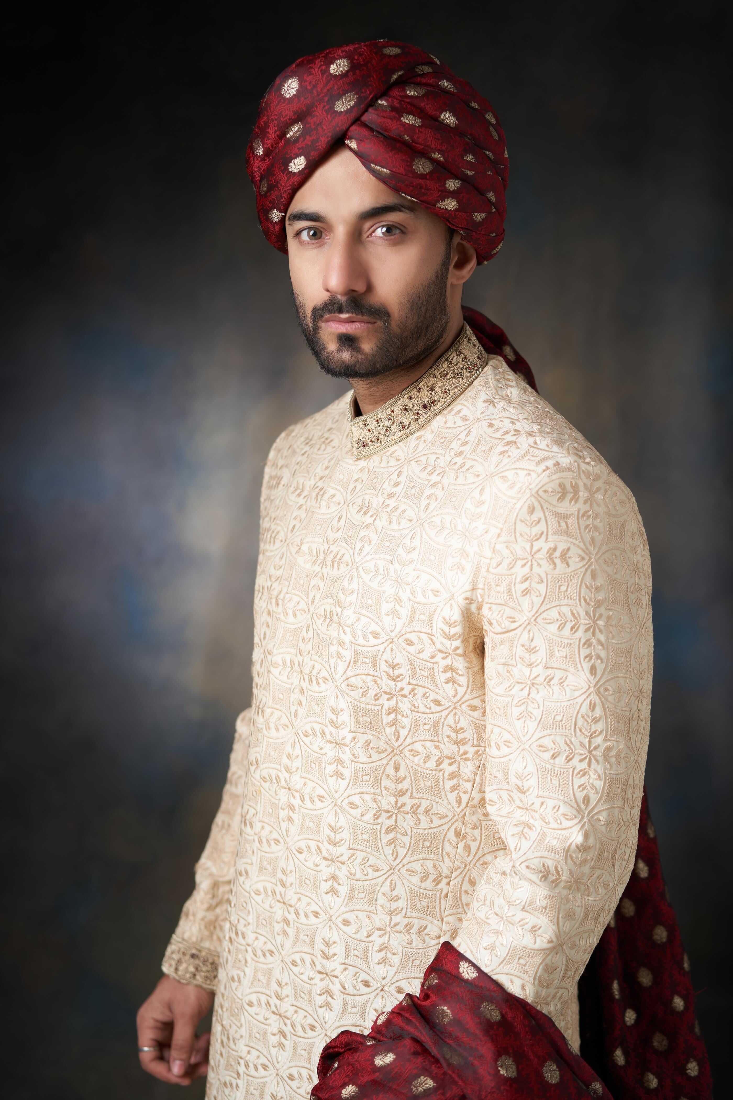 Handcrafted Gold Almond Raw Silk Sherwani with Zardozi Embroidery - Perfect for Indian Weddings, Festivals & Special Occasions