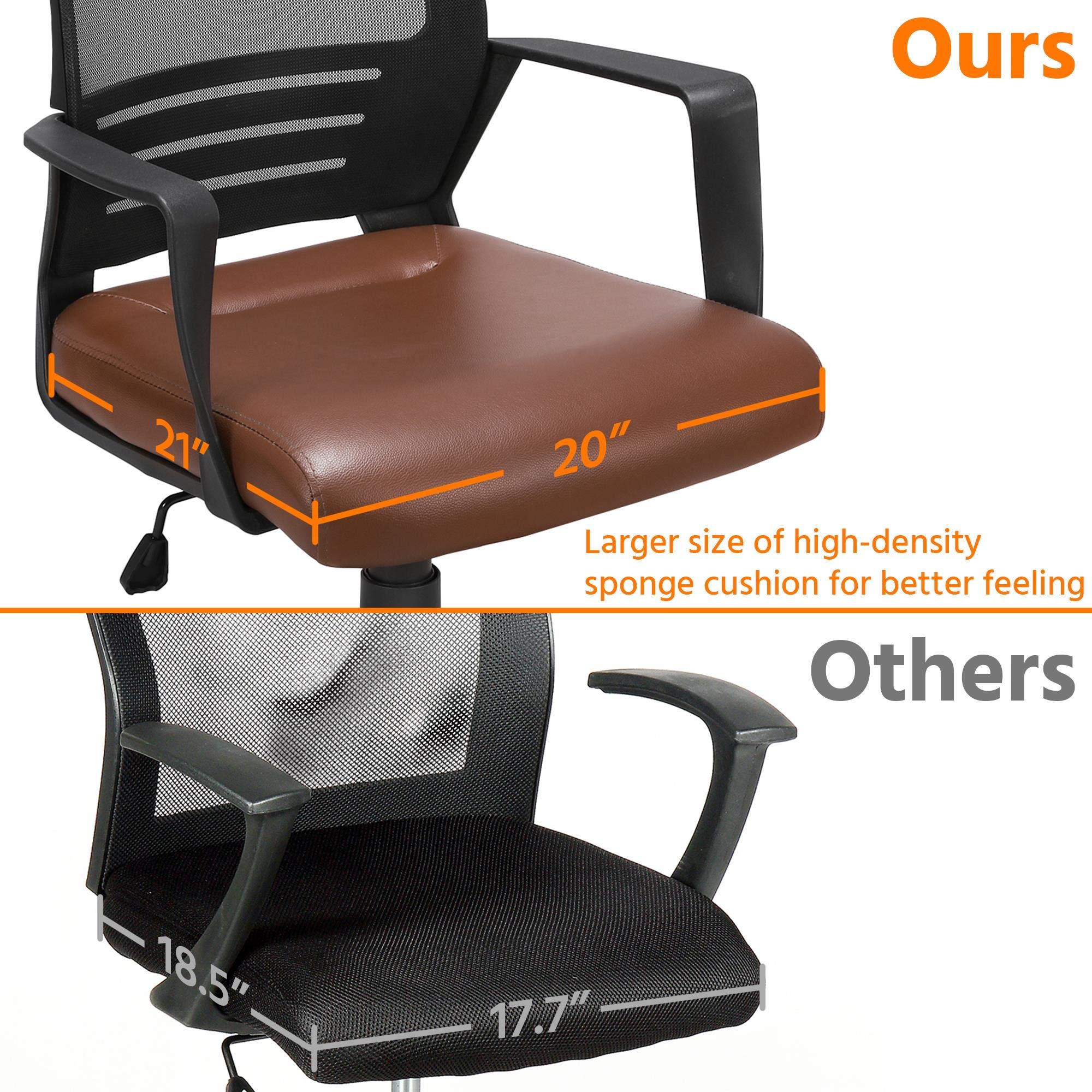 Yaheetech Ergonomic Mid Back Mesh Office Chair with PU Leather Seat - Adjustable Height Executive Computer Task Chair with Armrests & Lumbar Support for Home & Office - Brown