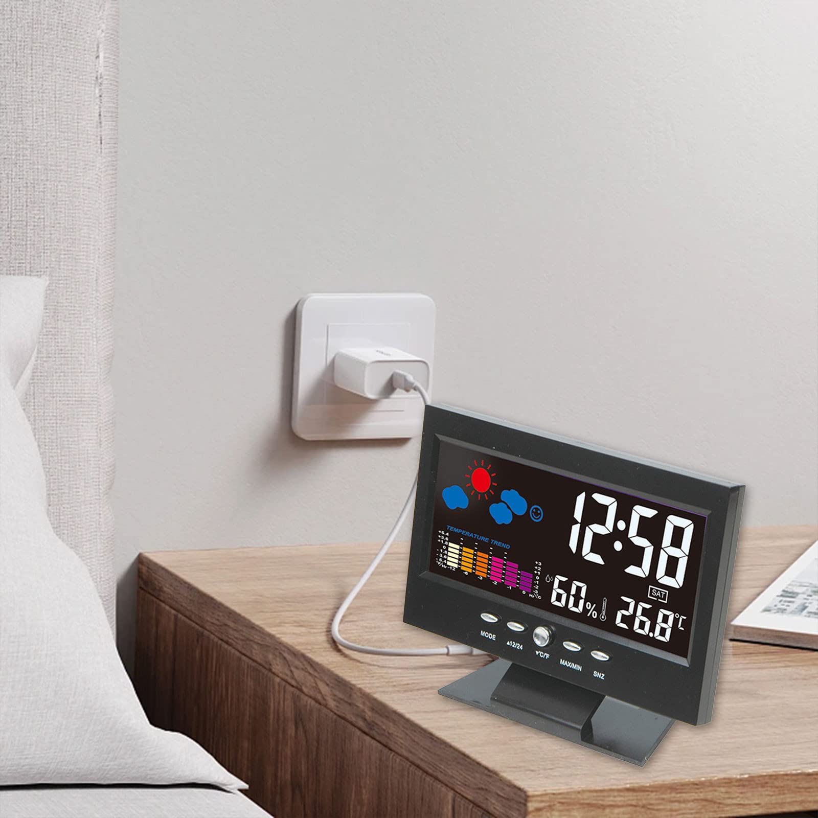 Digital Alarm Clock with Weather Station - Color Screen Display for Time, Temperature & Humidity, Gradual Wake-Up Alarm, Snooze & Timer Function | Perfect for Bedroom, Office & Home Decor