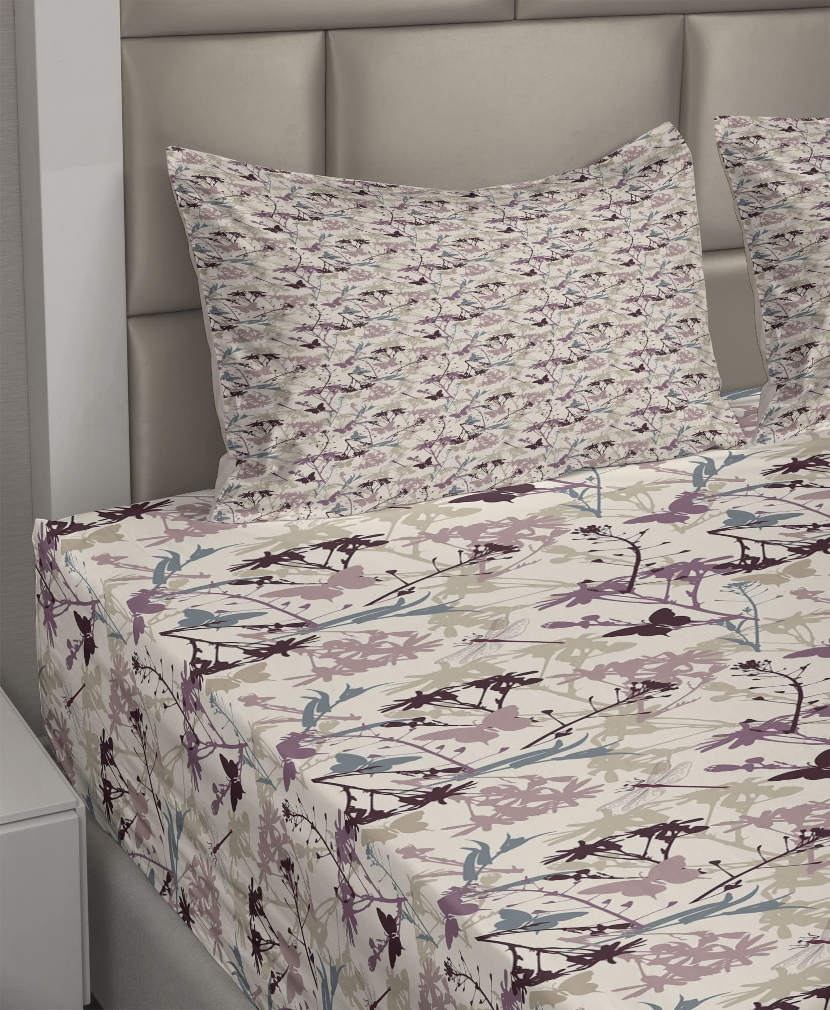 Ambesonne Floral Sheet Set 4-Piece King Size - Abstract Butterfly & Dragonfly Wildflowers Design, Teal Beige Mauve Bedding with Fitted Sheet, Flat Sheet & Pillowcases | Perfect for Guest Rooms, Master Bedrooms & Bohemian Home Decor