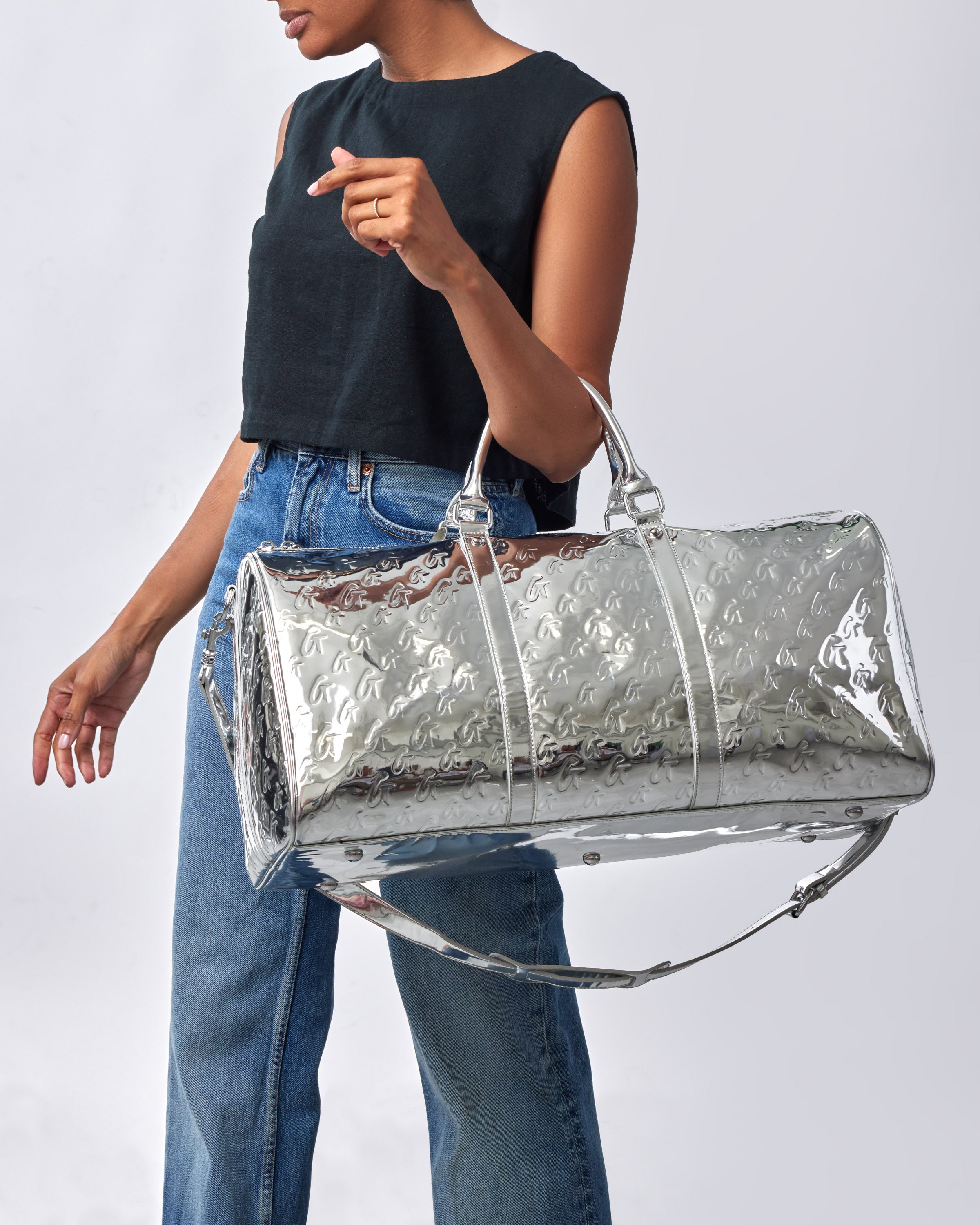 Stylish Metallic Monogram Duffle Bag in Silver - Perfect for Travel, Gym & Weekend Getaways