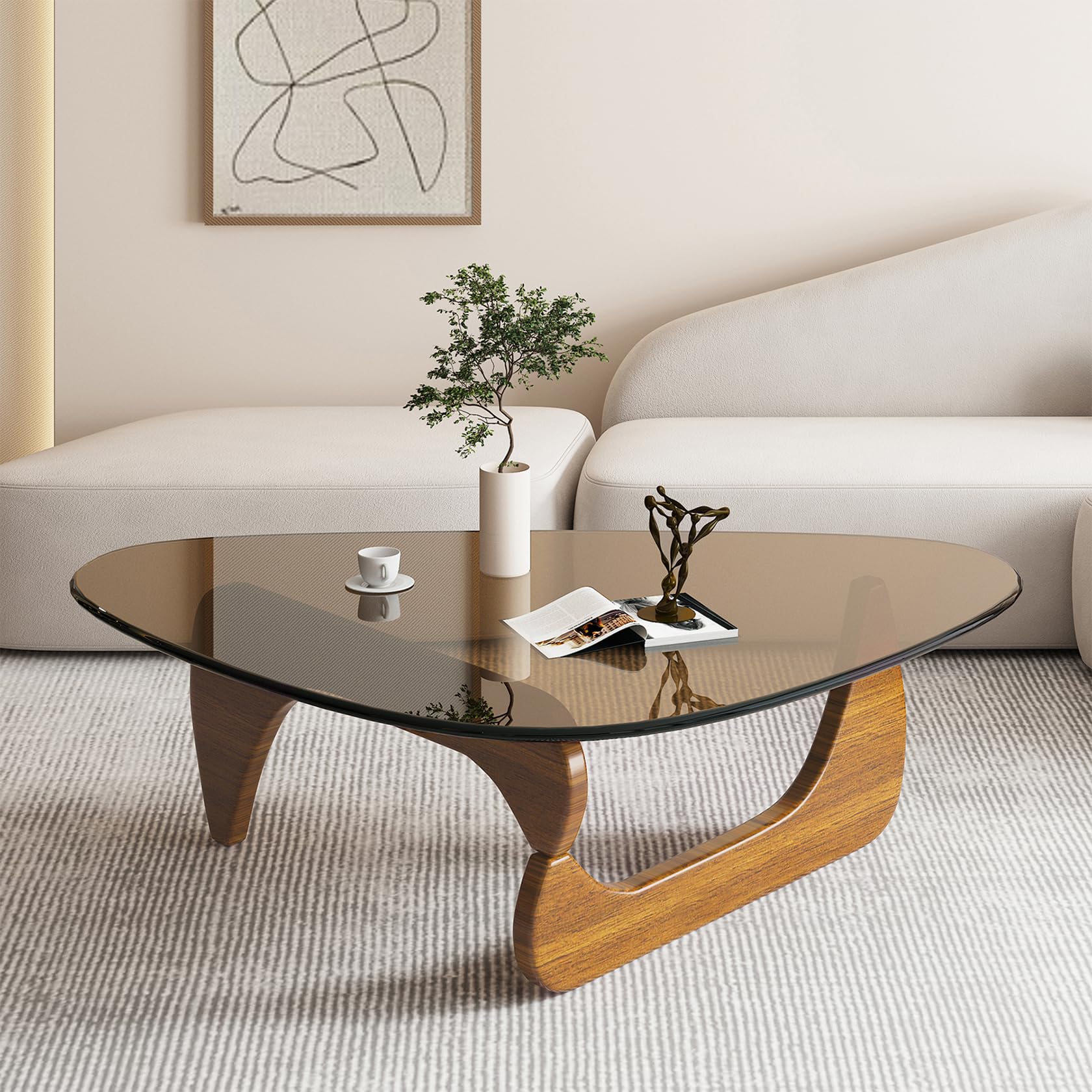 Mid-Century Modern Triangle Coffee Table with Glass Top & Natural Wood Base - Abstract End Table for Living Room, Patio, Office - Walnut/Brown, Small 32.2
