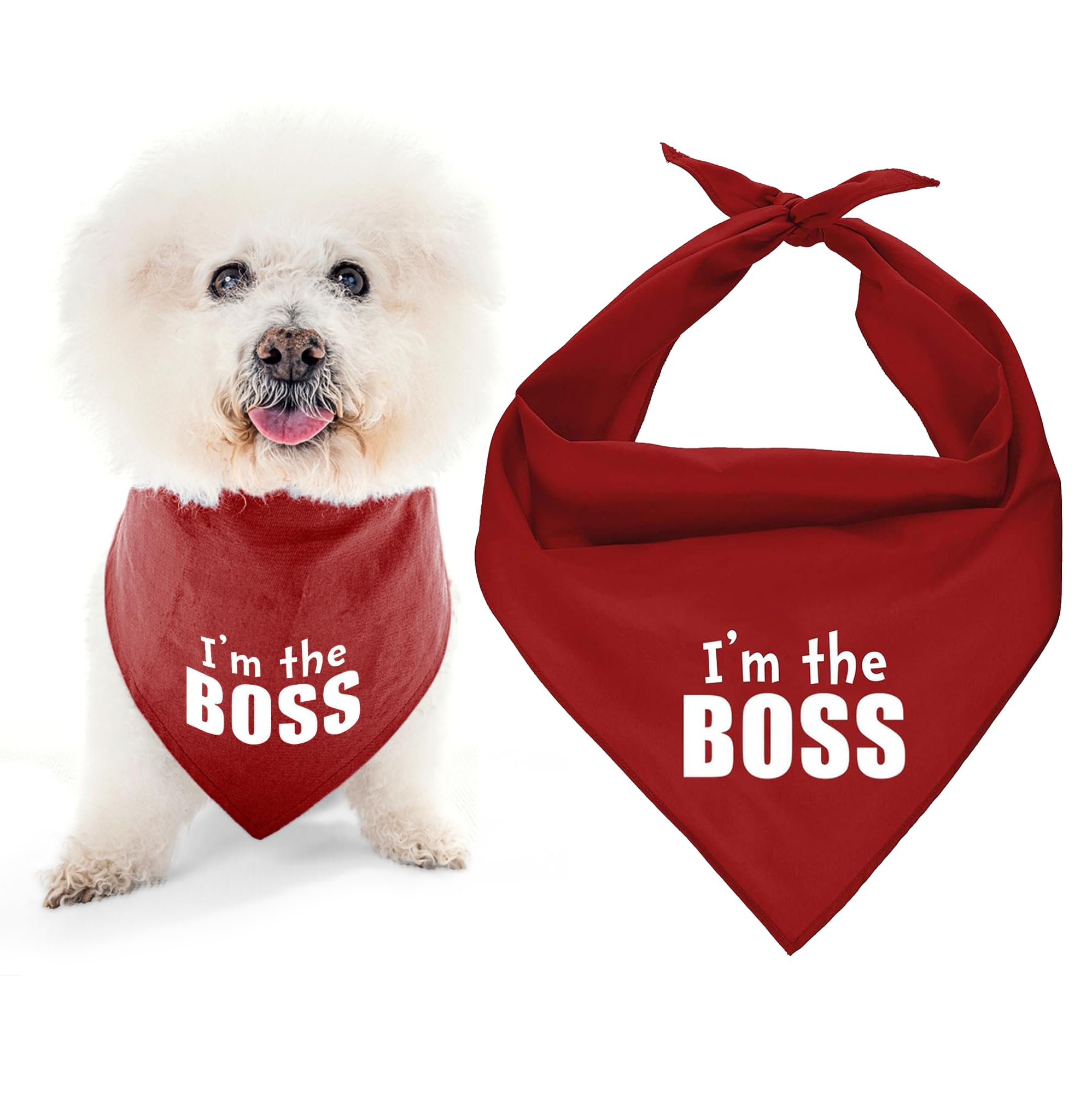 Premium Unisex Dog Bandanas - Adjustable 'I'm The Boss' Printed Pet Scarf for Small Dogs | Washable Triangle Dog Bib & Stylish Red Pet Handkerchief | Perfect for Daily Walks, Pet Parties & Photo Shoots
