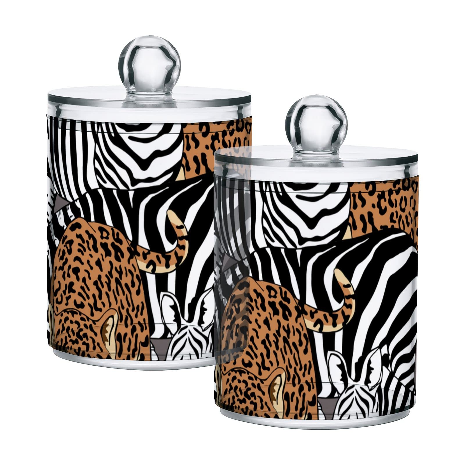 Wild Jaguar & Zebra Print Plastic Storage Jars with Lids (Set of 2) - 10oz Translucent Food Containers for Cotton Swabs, Tea, Cookies | Airtight Kitchen & Bathroom Organization