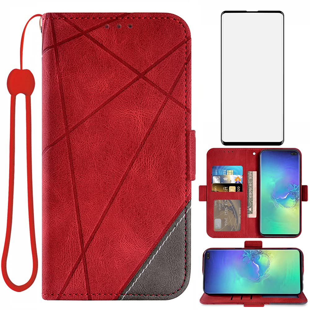 Samsung Galaxy S10 Plus Wallet Case with Tempered Glass Screen Protector | Flip Cover Card Holder | Compatible with Galaxy S10+ & S10 Edge | Premium Phone Accessories for Work, Travel & Everyday Use (Red)