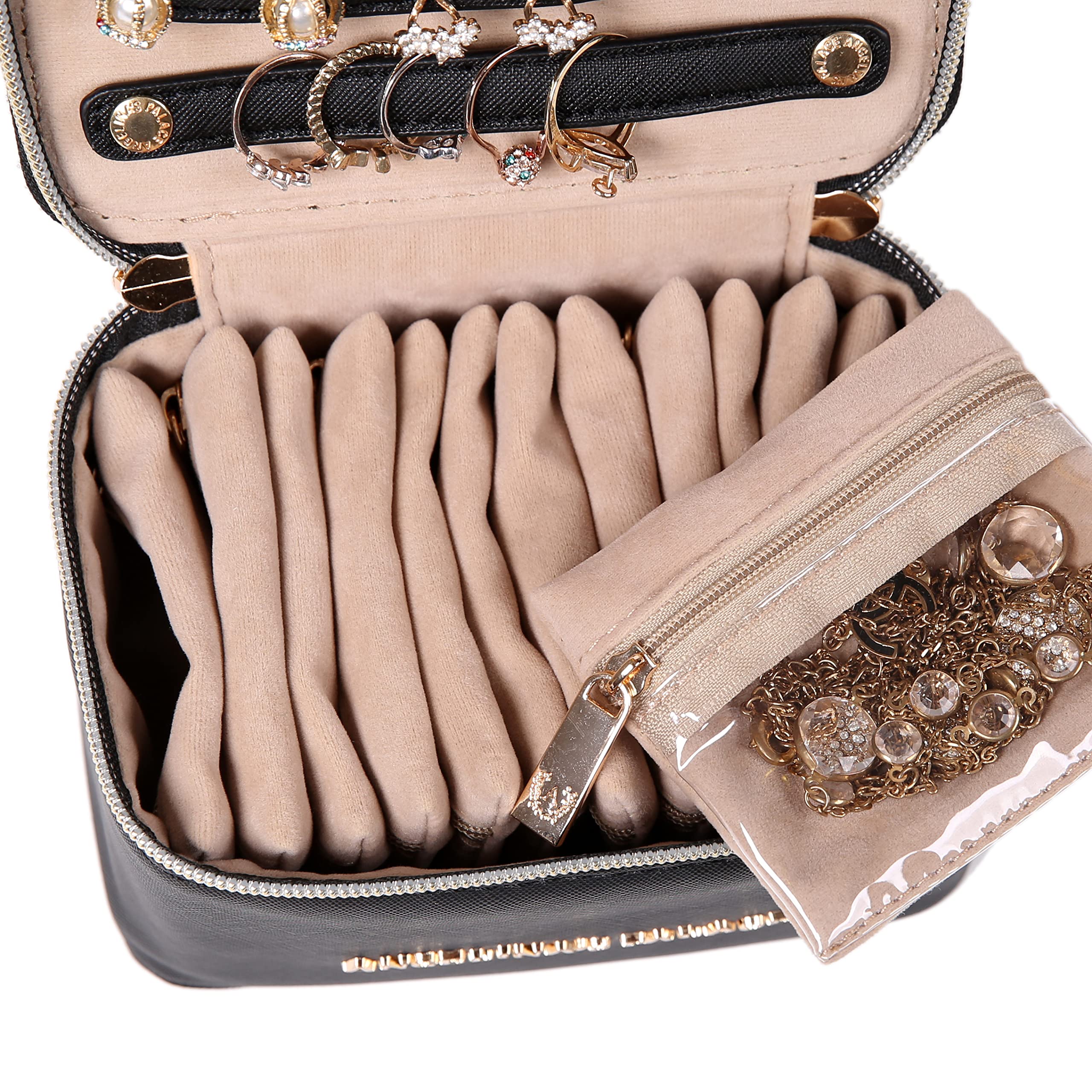 Angelina's Palace Jewelry Organizer Travel Case - Vegan Leather Storage Box for Necklace, Earrings, Bracelet & Ring - Perfect Bridesmaid Gift & Travel Accessory (Black) - Ideal for Bridal Showers, Bachelorette Trips & Home Organization