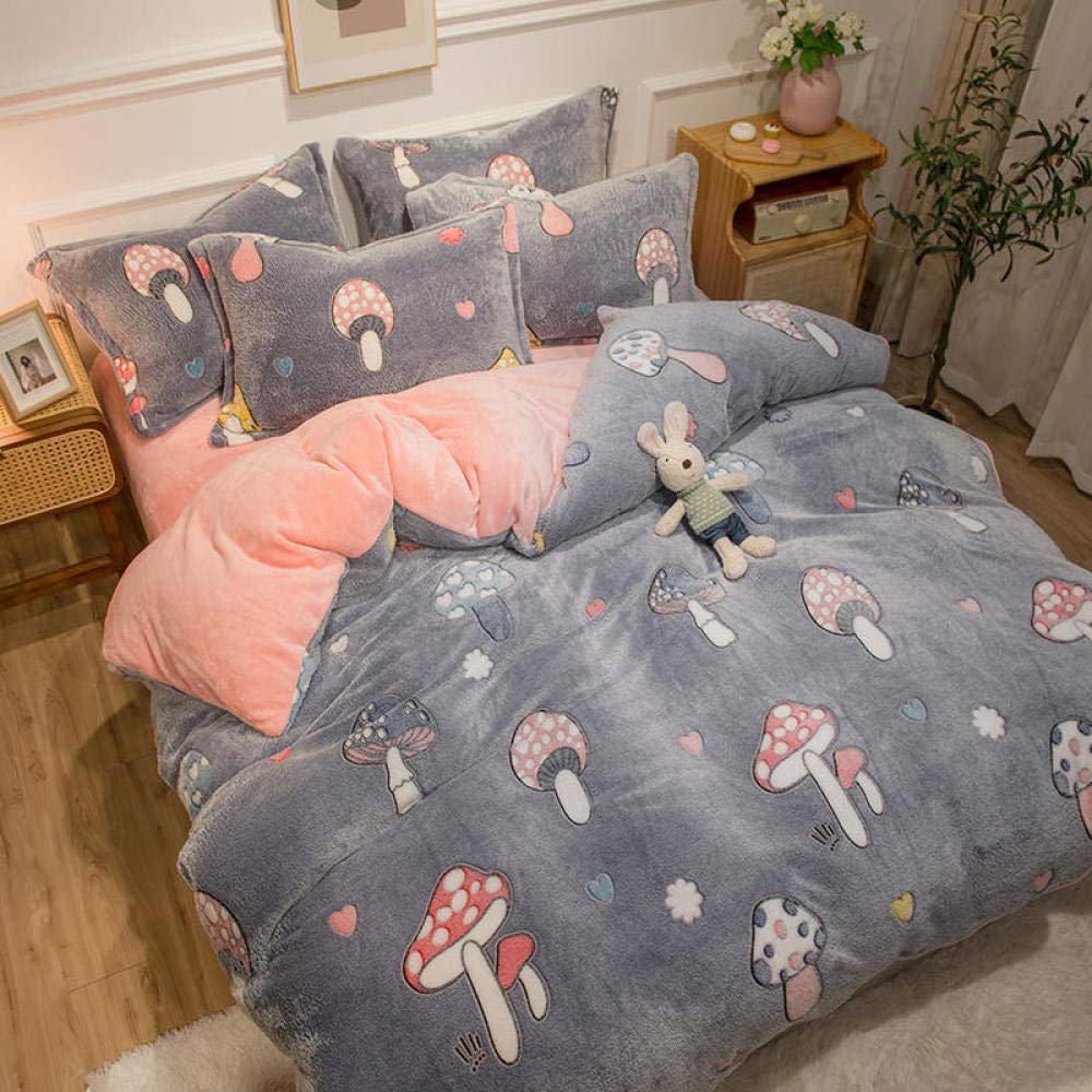 4 Piece Coral Fleece Bed Sheet Set - Velvet Thickened Snow Fleece Quilt Cover & Flannel Sheets for Winter (1.5m, Mushroom Pattern) | Ultra Soft & Warm Bedding for Cozy Winter Nights