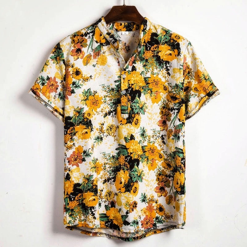 Hawaiian Floral Print Short Sleeve Shirt for Men - Yellow Tropical Summer Shirt - Beach Vacation, Luau Party & Casual Wear