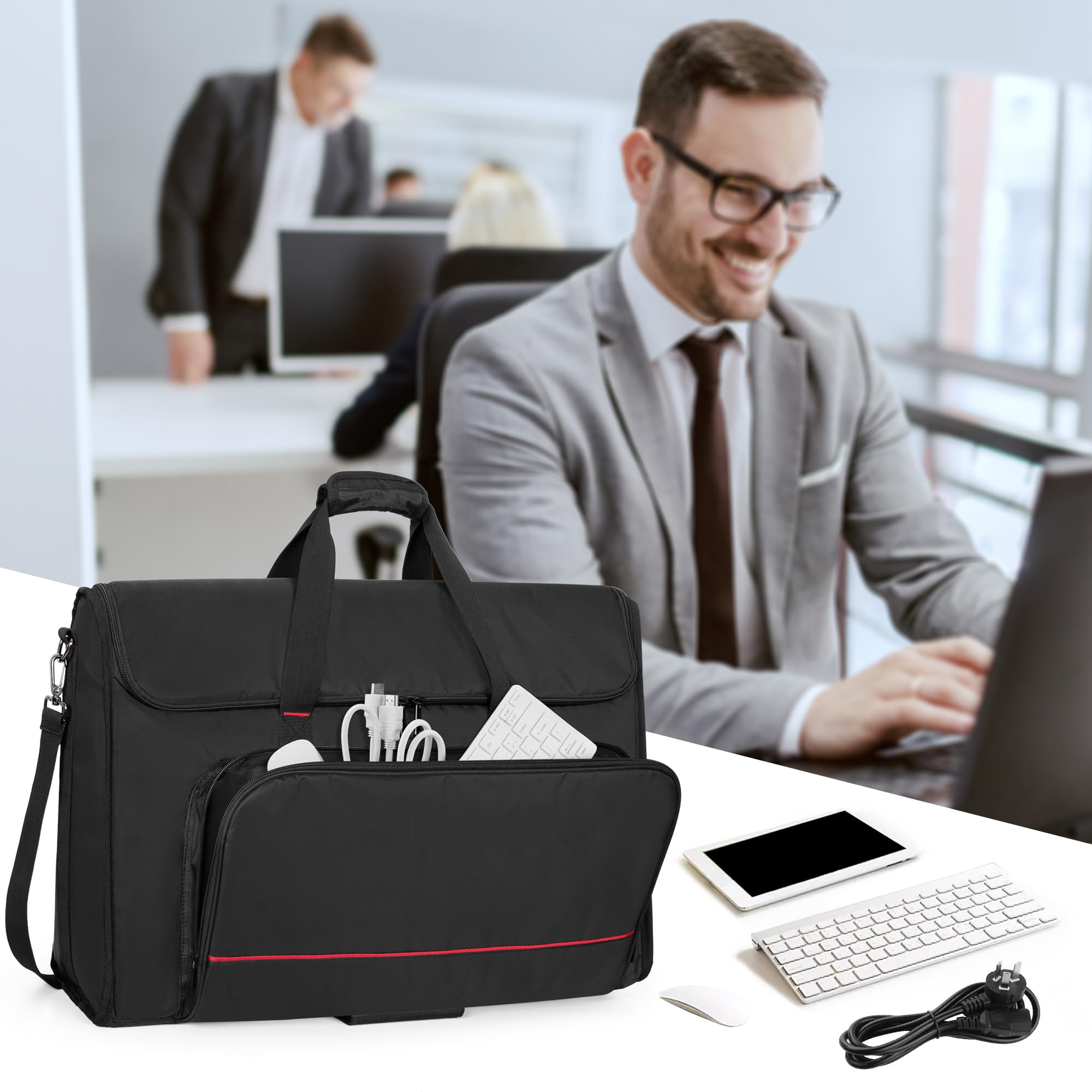 Trunab Rolling Monitor Carry Case for 24 Inch Monitors - Padded LCD Screen Travel Bag with Detachable Trolley, Holds 2 Screens/TVs & Accessories (Black) - Perfect for Office Moves, Trade Shows & AV Equipment Transport