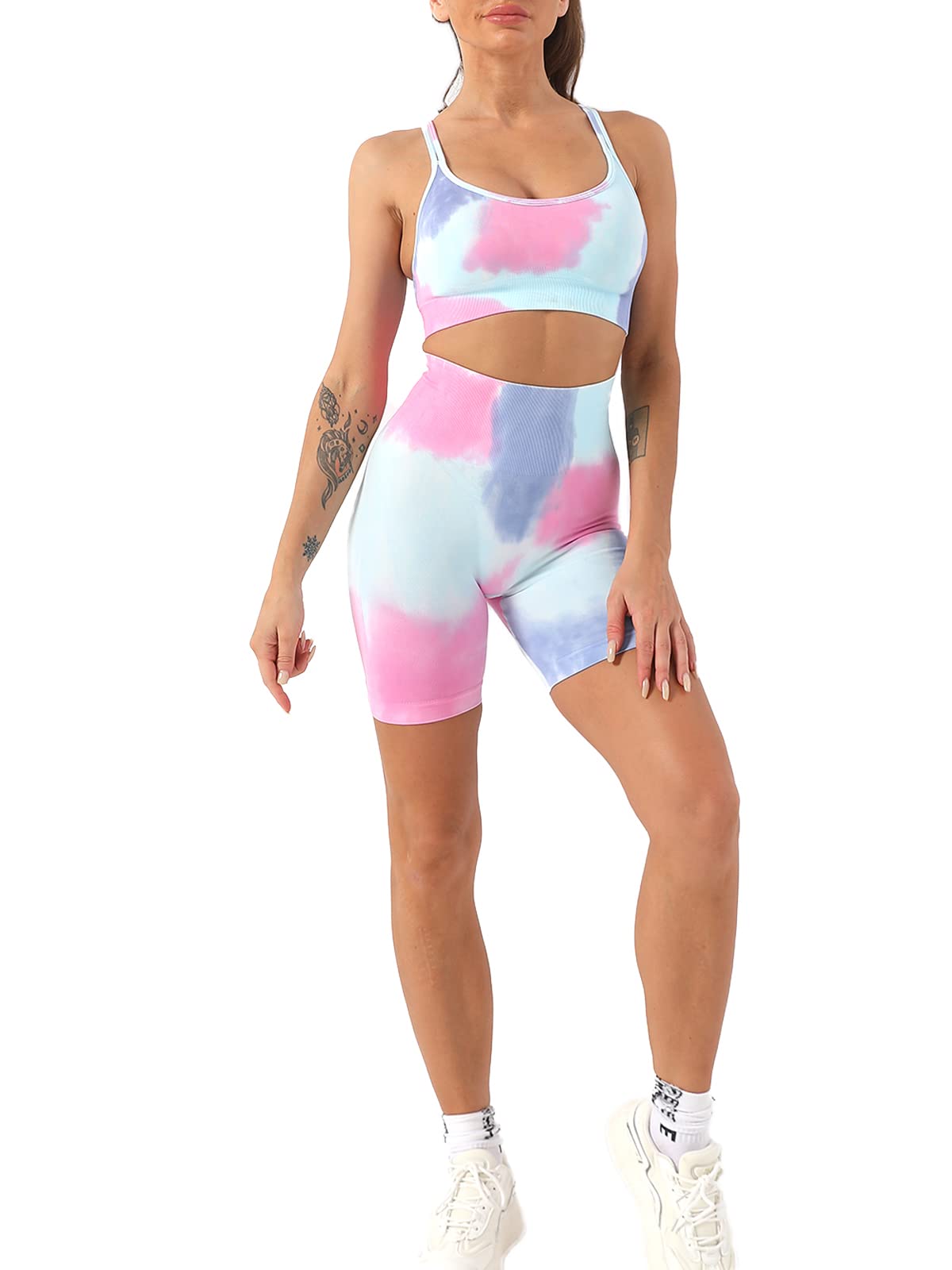 SERENYOU Women's 2-Piece Seamless Workout Set - High Waist Tummy Control Tie Dye Yoga Shorts & Top for Gym, Running & Lounge Wear