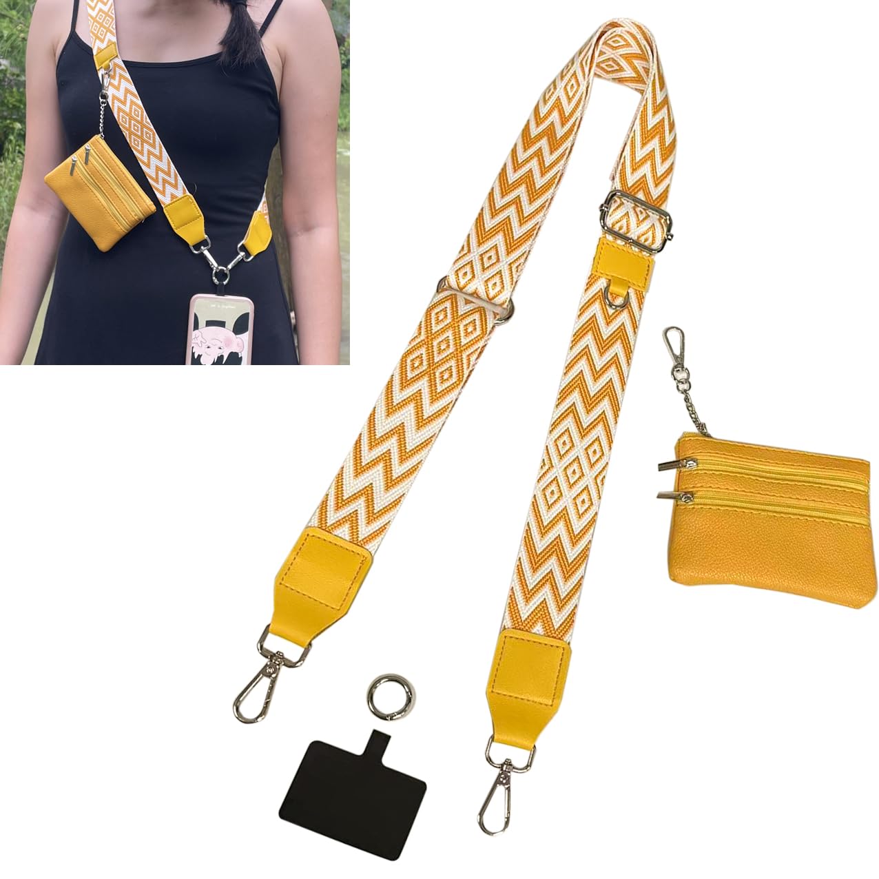 Adjustable Crossbody Phone Strap with Zippered Wallet Pouch - Universal Clip-On Design for All Smartphones (Yellow) | Perfect for Hands-Free Convenience While Shopping, Traveling & Outdoor Activities